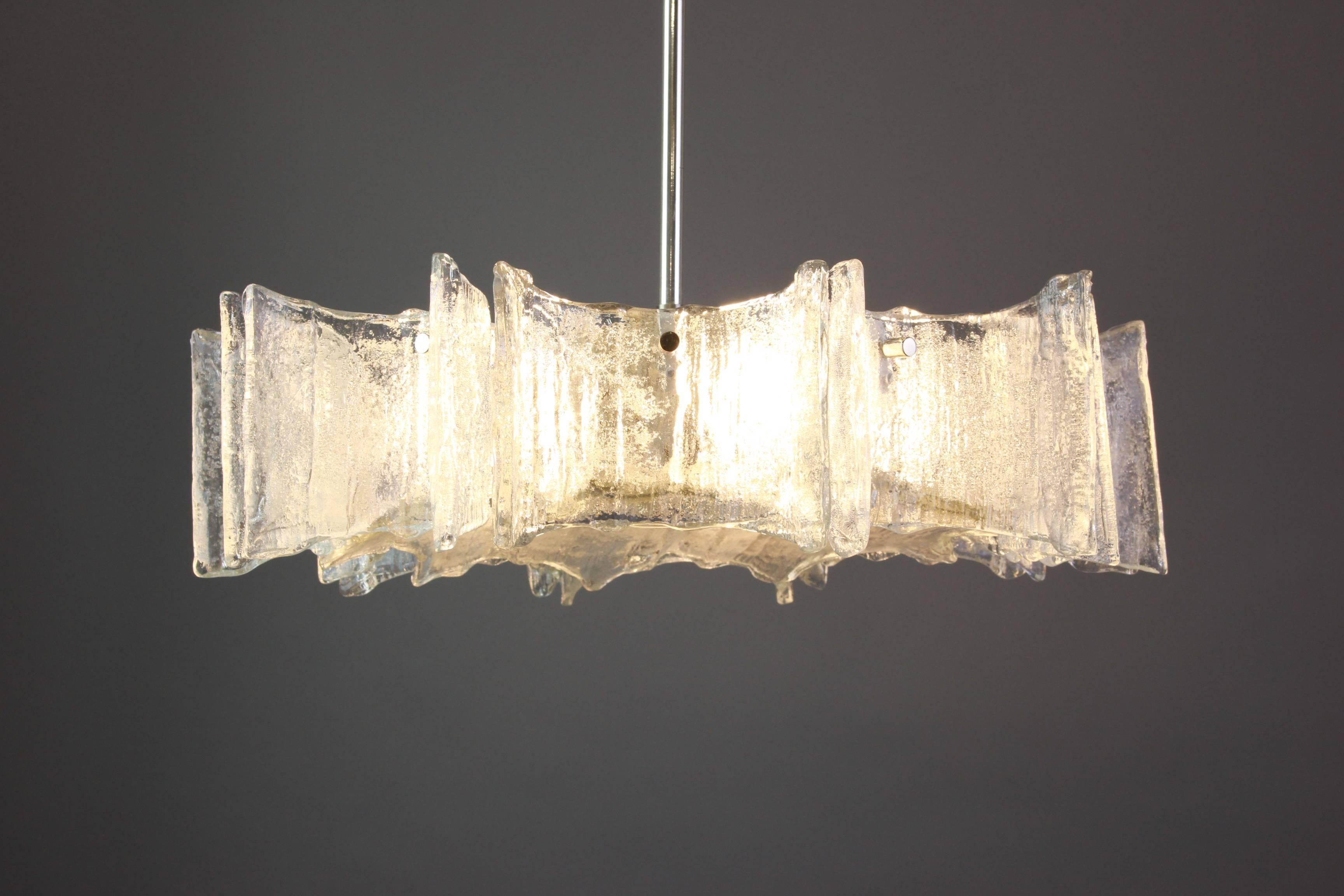 Mid-Century Modern 1 of 2 Large Ice Glass Chrome Chandelier by Kaiser, Germany, 1960s For Sale