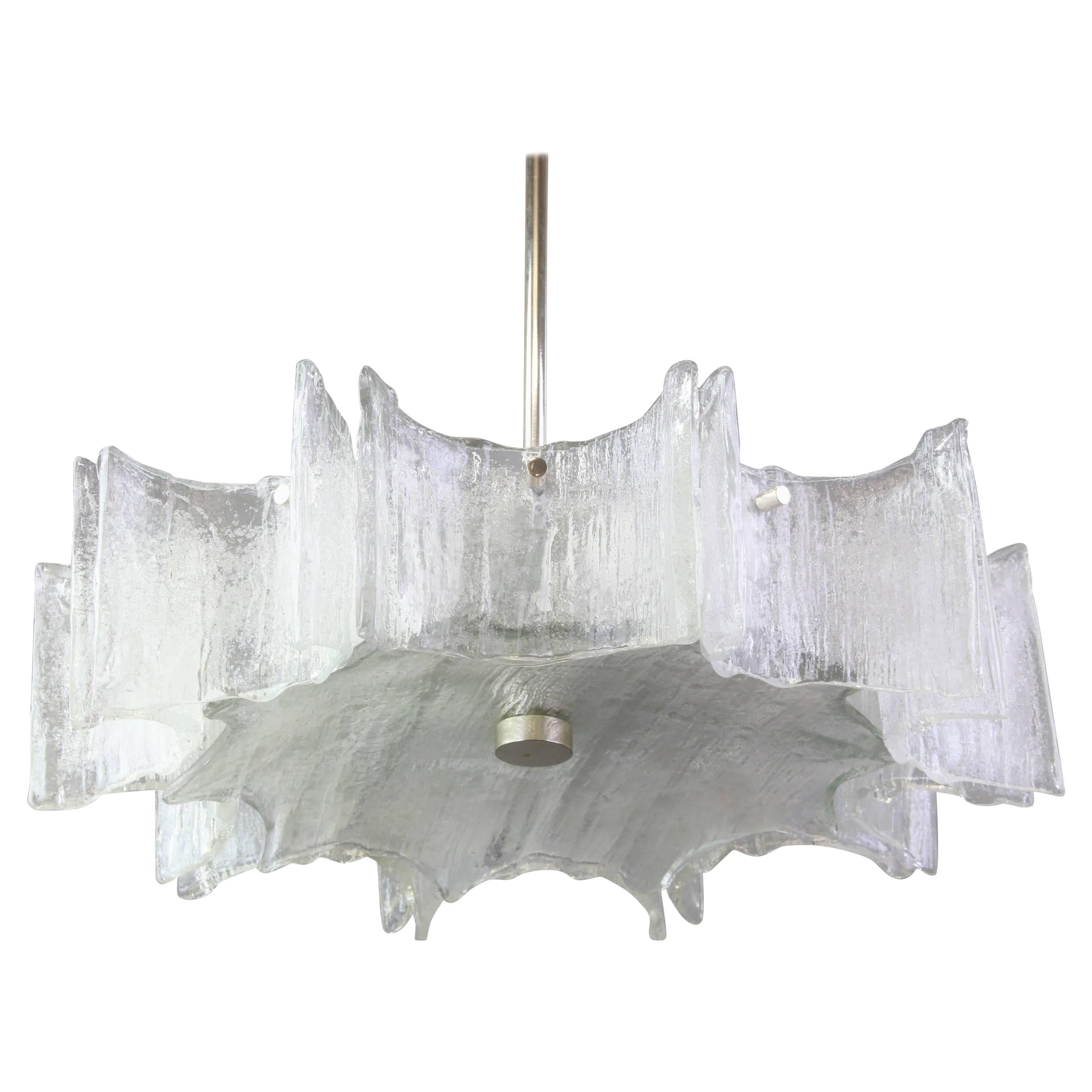 1 of 2 Large Ice Glass Chrome Chandelier by Kaiser, Germany, 1960s