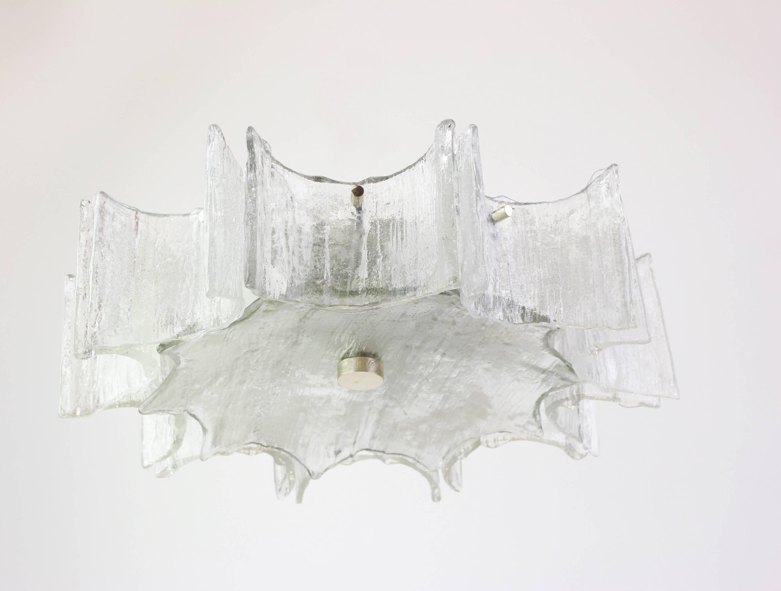 Murano Glass Large Ice Glass Chrome Flush Mount Fixture by Kaiser, Germany, 1960s