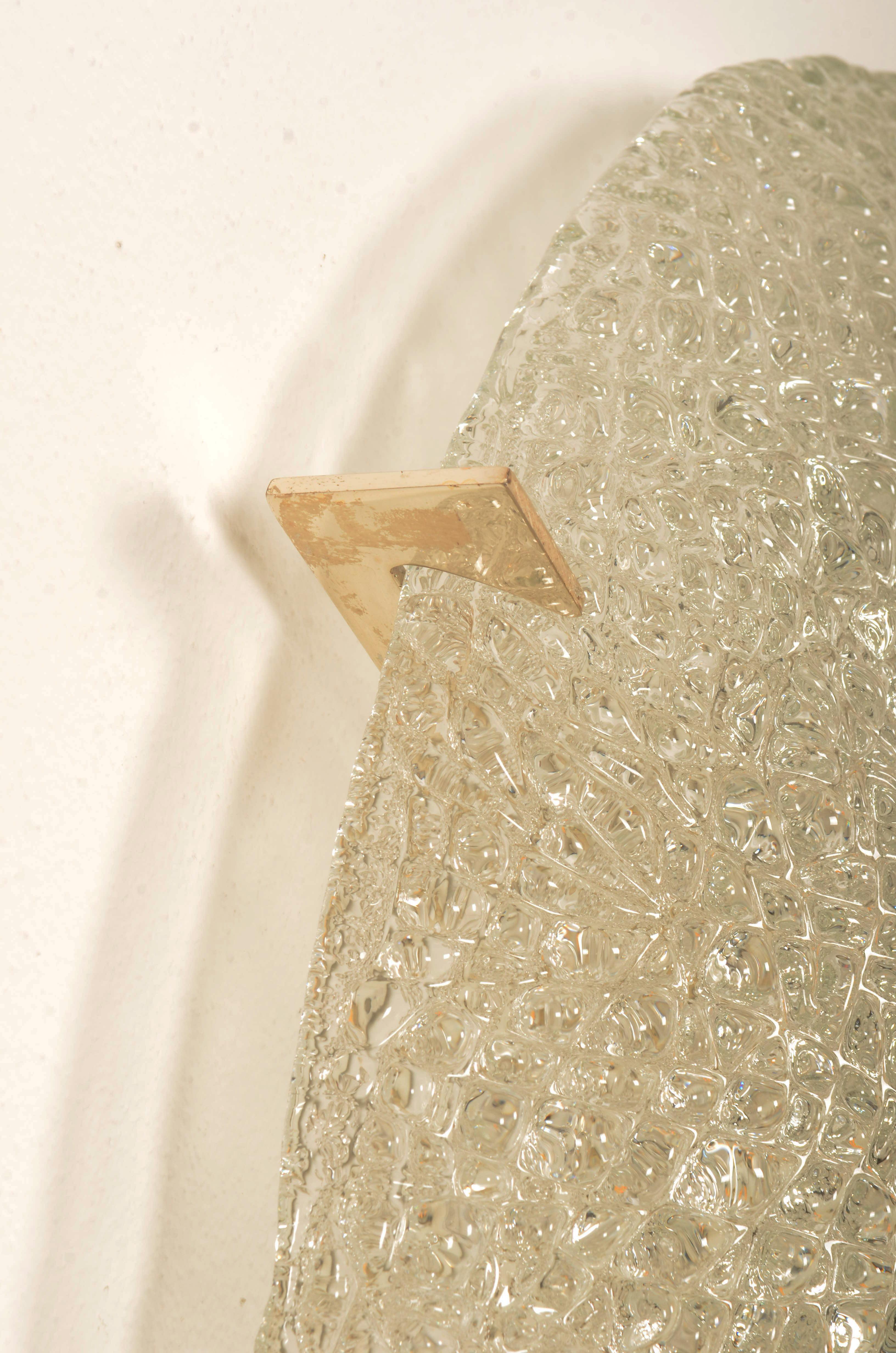 Mid-Century Modern Large Ice Glass Flush Mount or Wall Mount Lamp For Sale