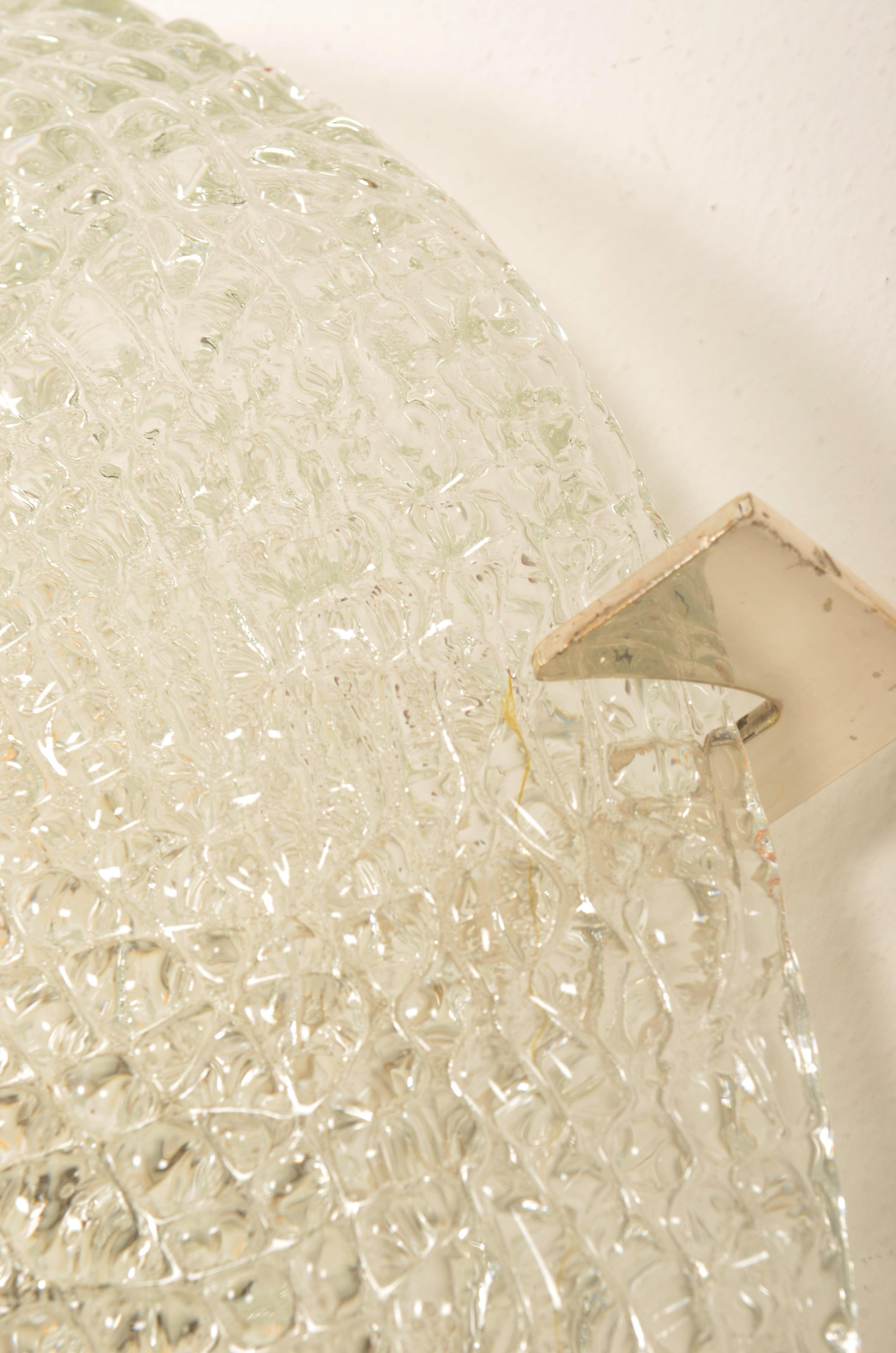 German Large Ice Glass Flush Mount or Wall Mount Lamp For Sale