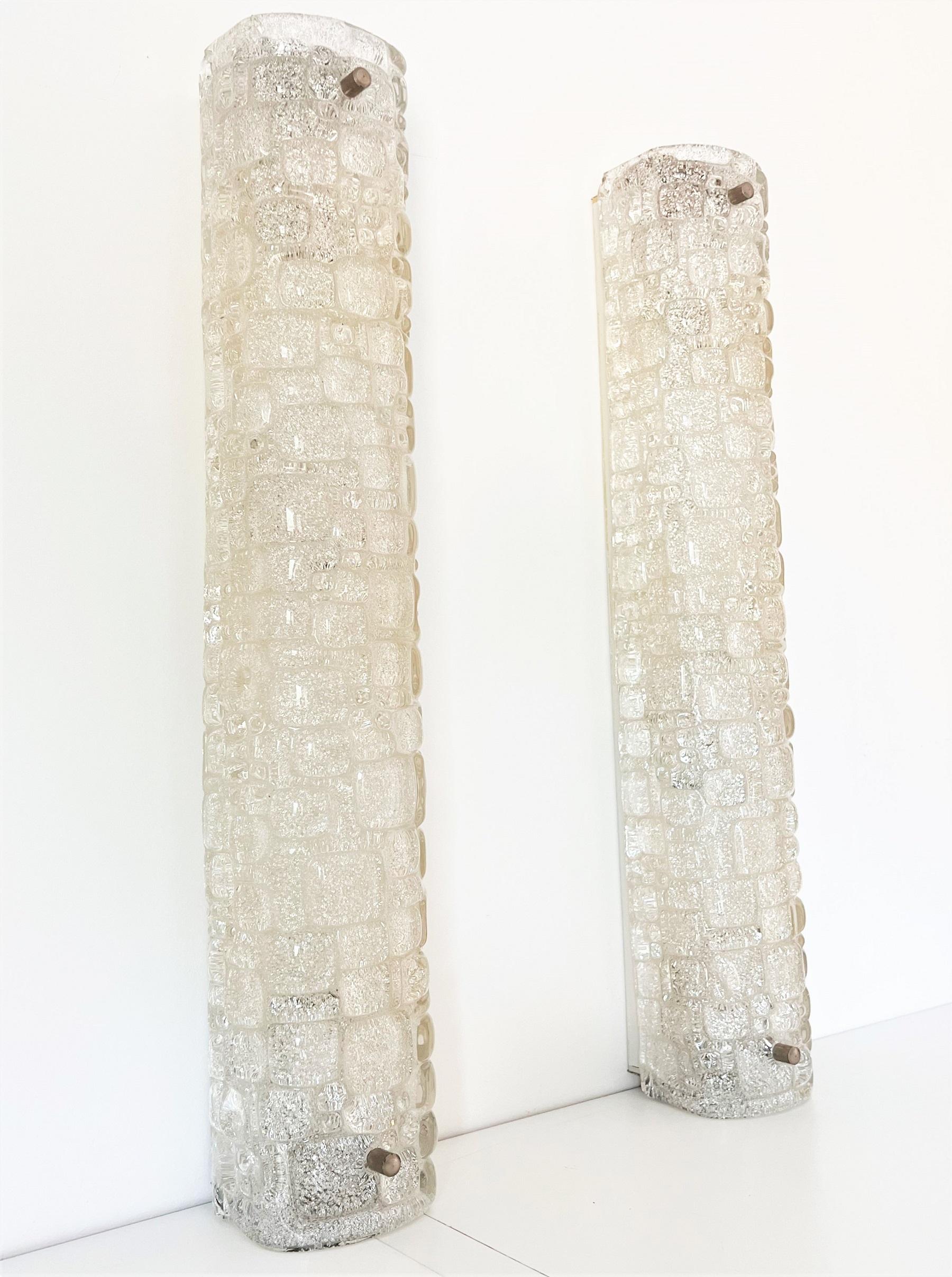 Mid-Century Modern Large Ice Glass Wall Sconces in Textured Murano Glass by Hillebrand, 1970