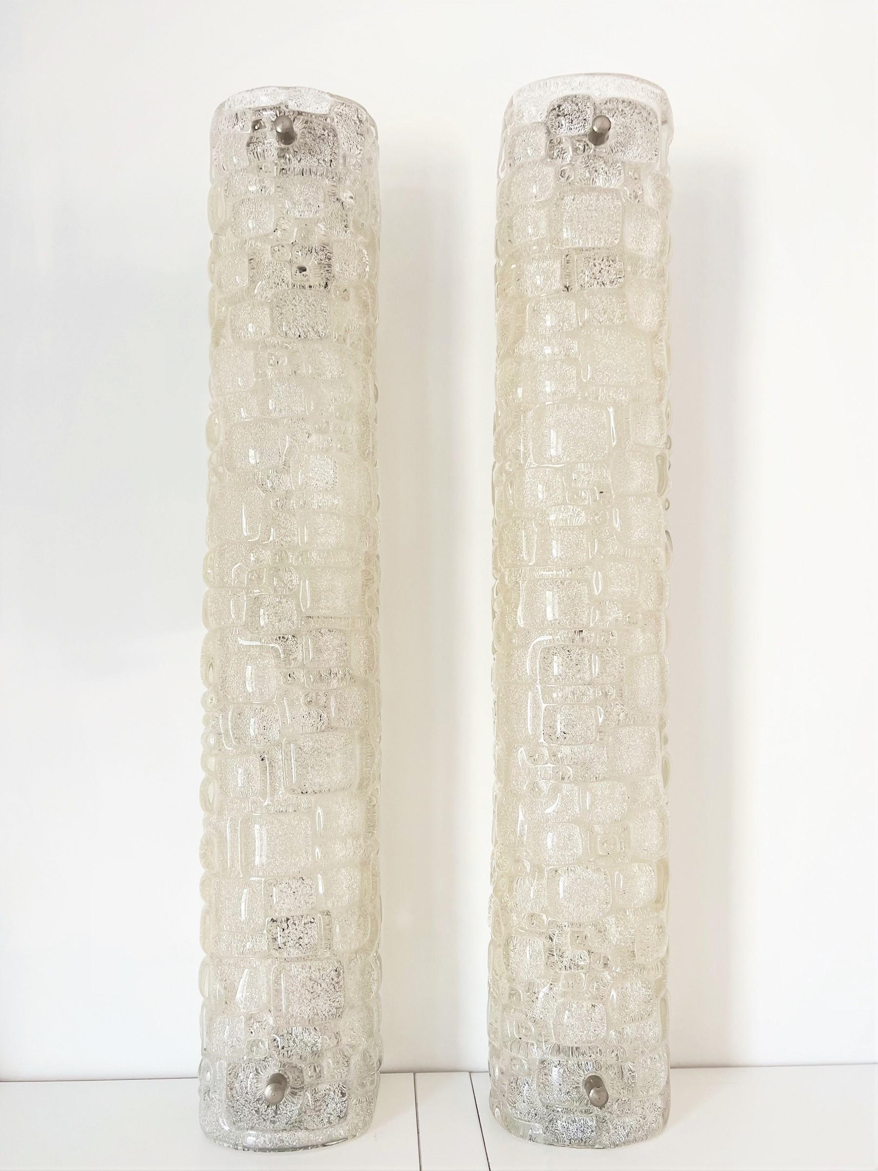 Hand-Crafted Large Ice Glass Wall Sconces in Textured Murano Glass by Hillebrand, 1970