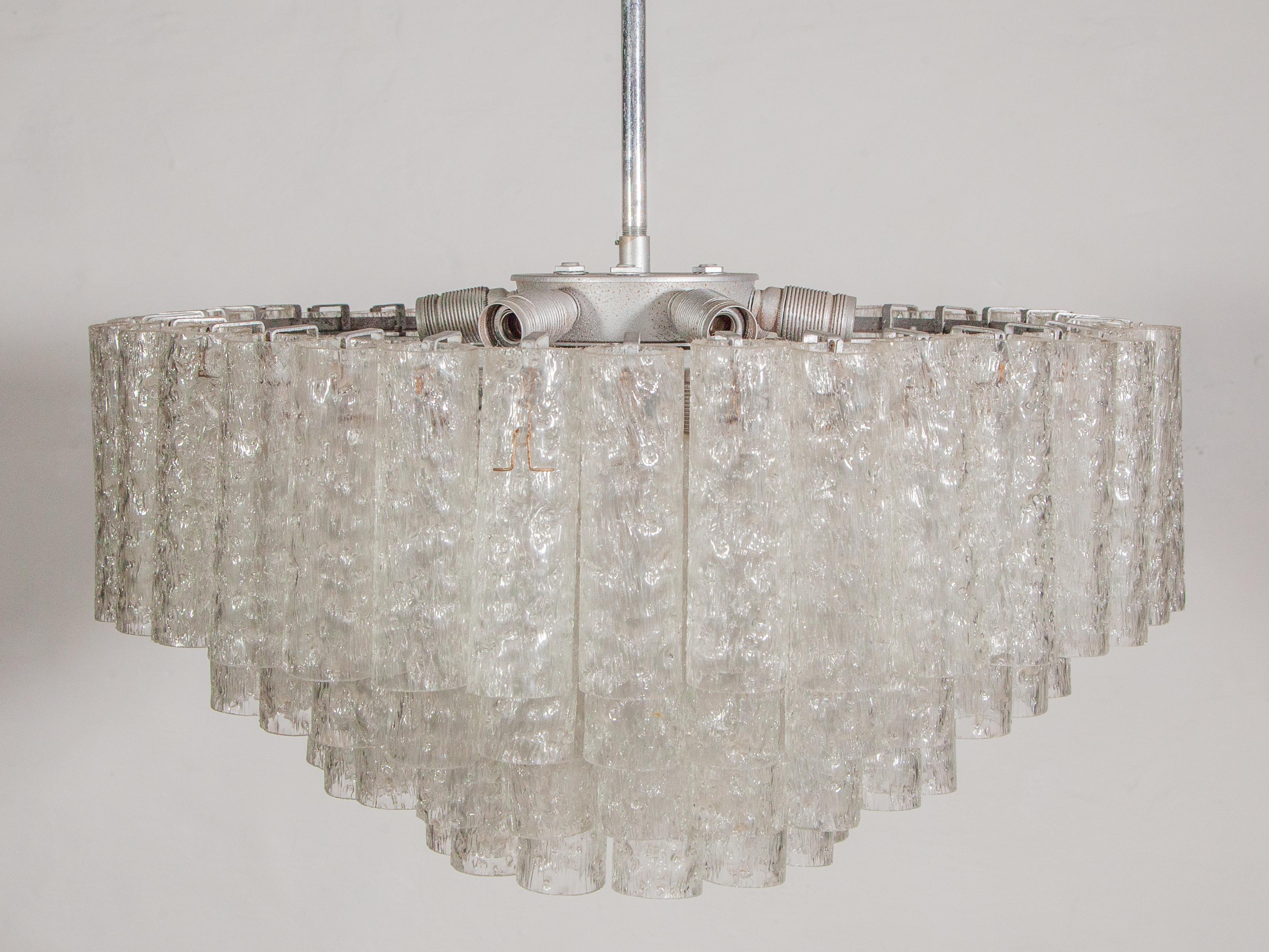 Metal Large Iced Glass Tube Chandelier designed by Doria, 1960s For Sale
