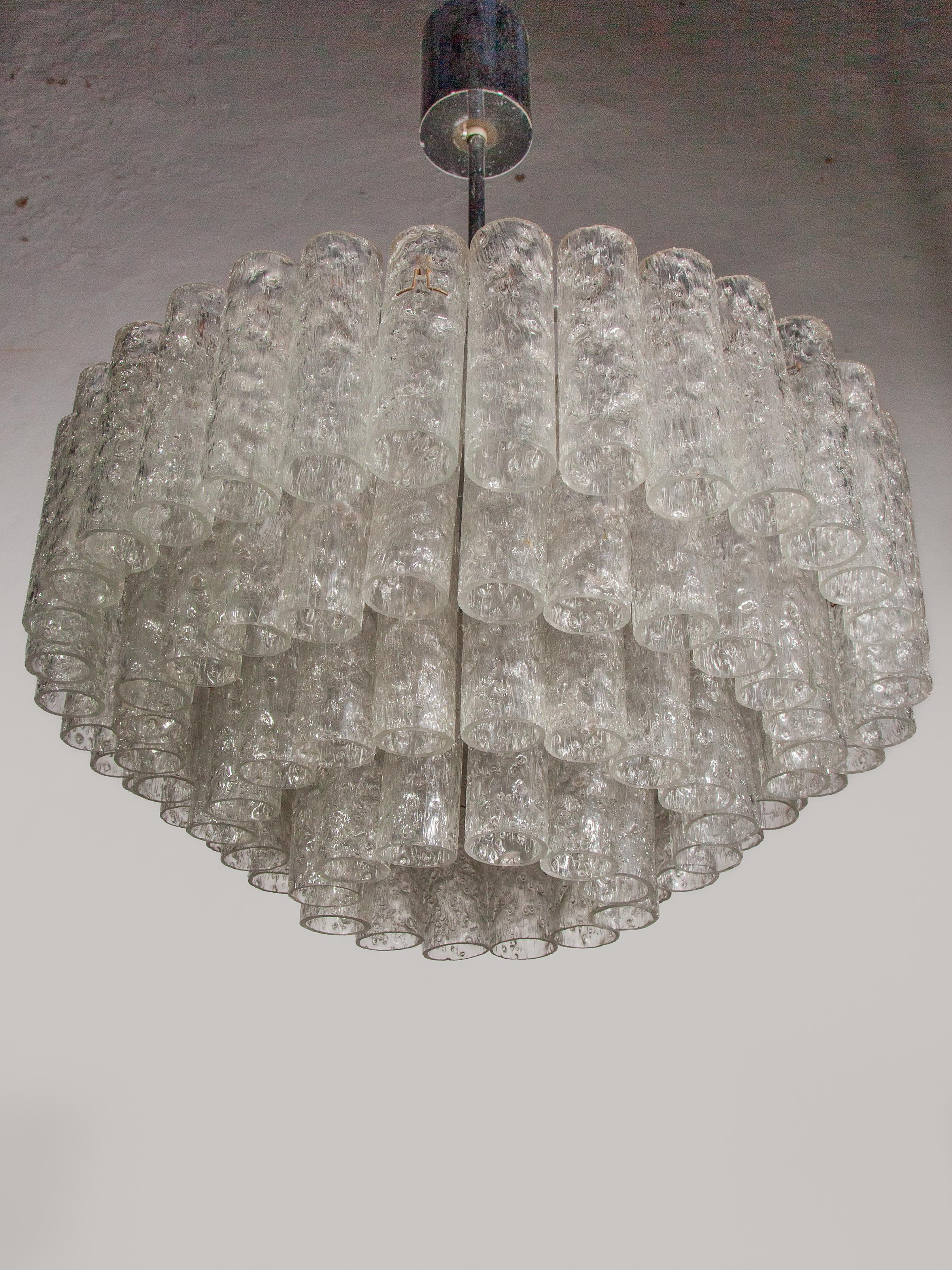 Large Iced Glass Tube Chandelier designed by Doria, 1960s For Sale 1
