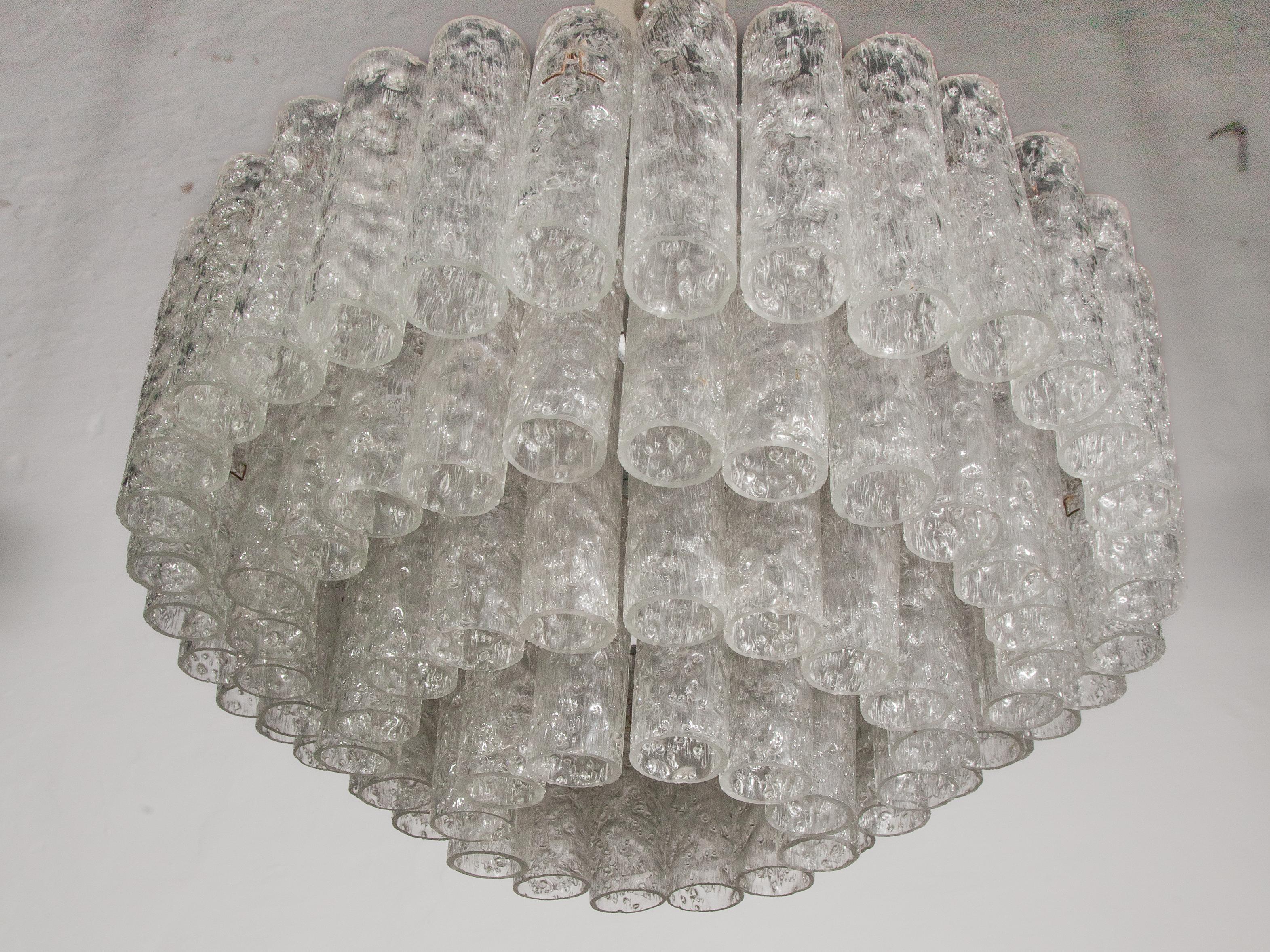 Large Iced Glass Tube Chandelier designed by Doria, 1960s For Sale 2
