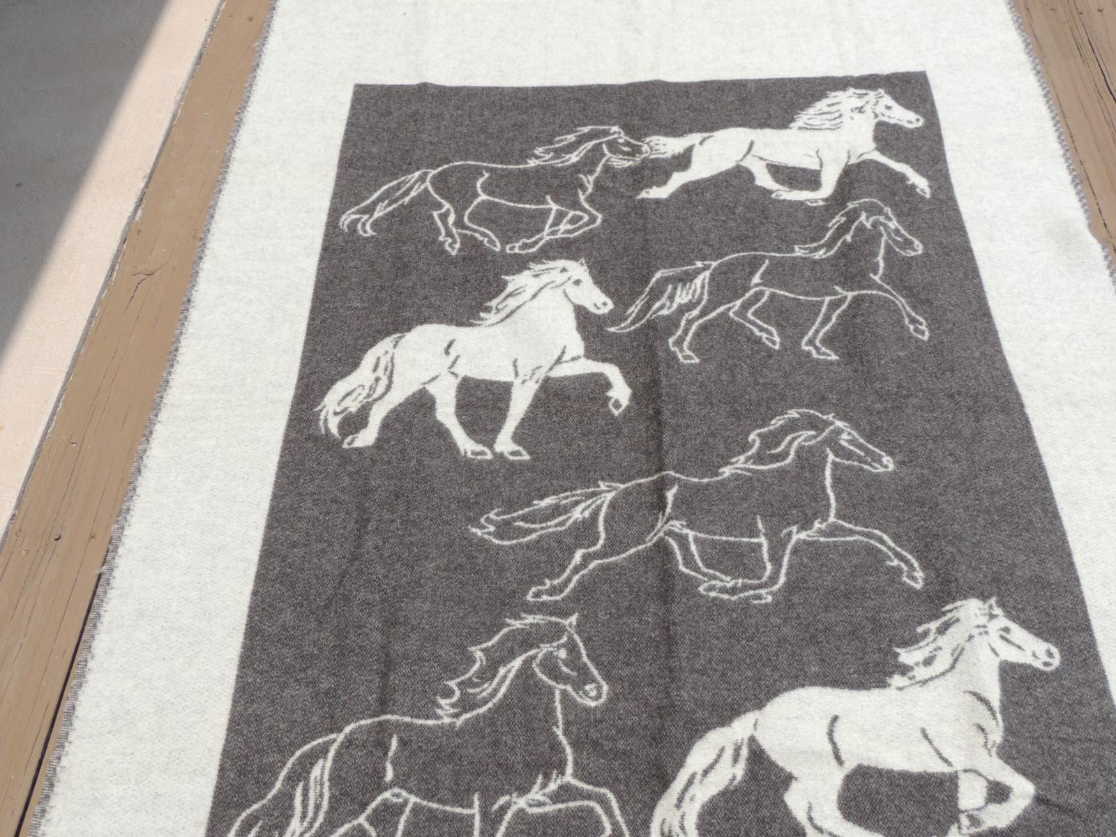 Adirondack Large Ice Wool Grey and Tan Blanket Depicting Horses