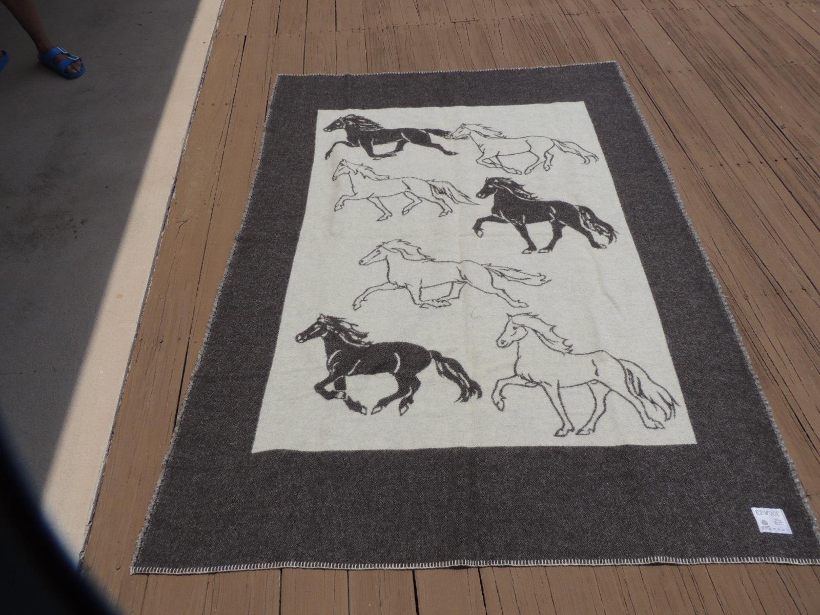Machine-Made Large Ice Wool Grey and Tan Blanket Depicting Horses