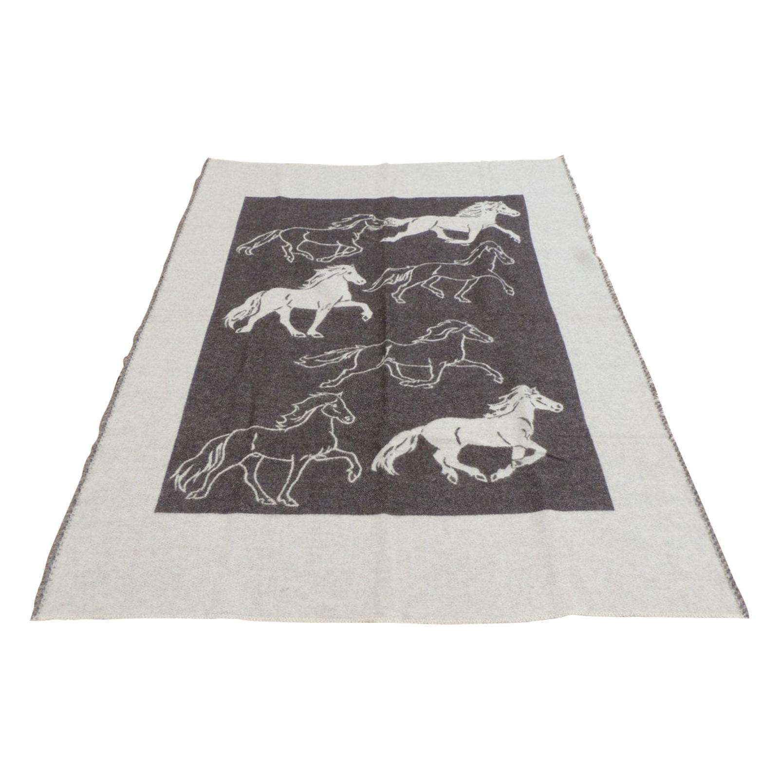 Large Ice Wool Grey and Tan Blanket Depicting Horses