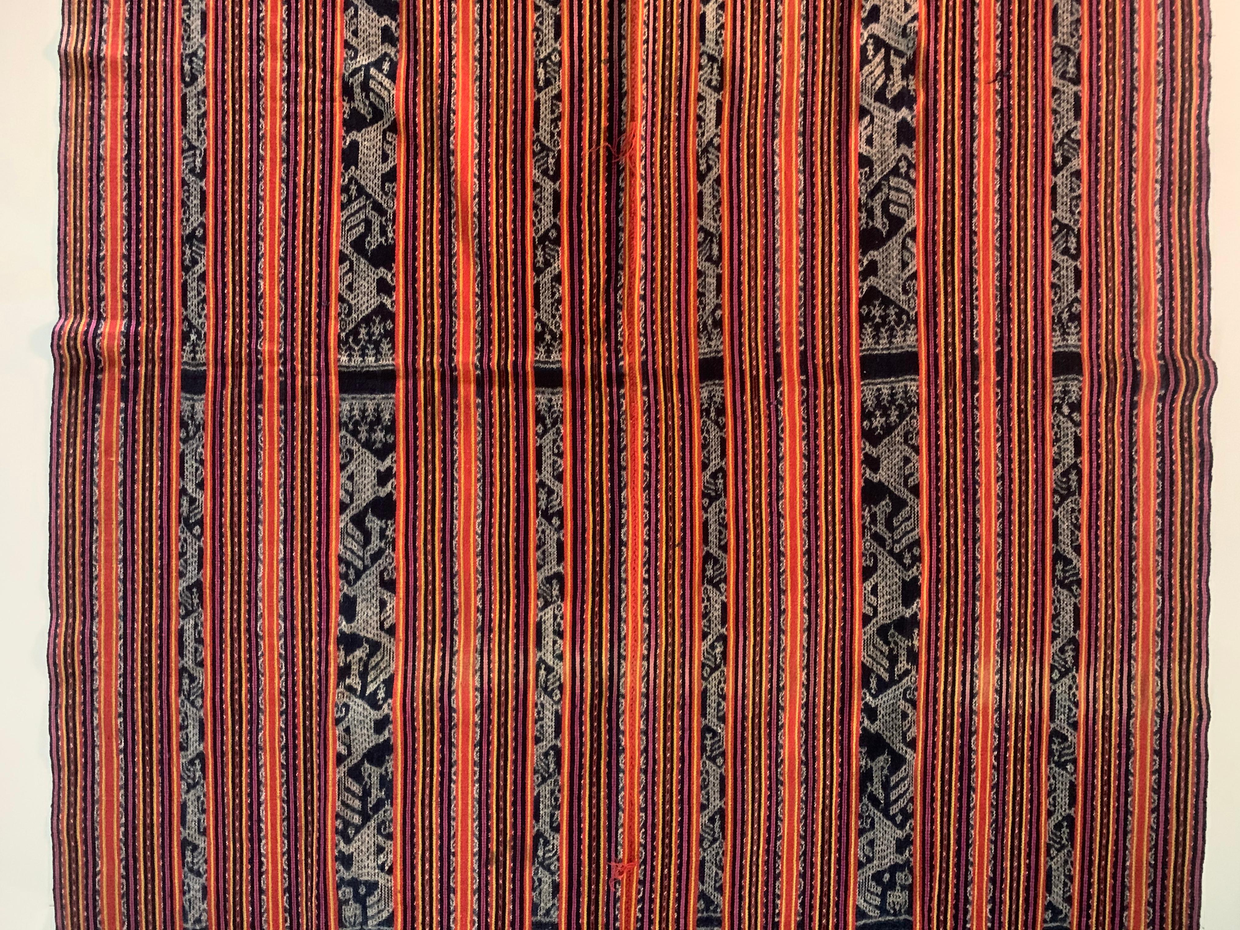 This Ikat textile originates from the Island of Timor, Indonesia. It is hand-woven using naturally dyed yarns via a method passed on through generations. It features a stunning array of distinct tribal patterns and bright colours as well as chicken