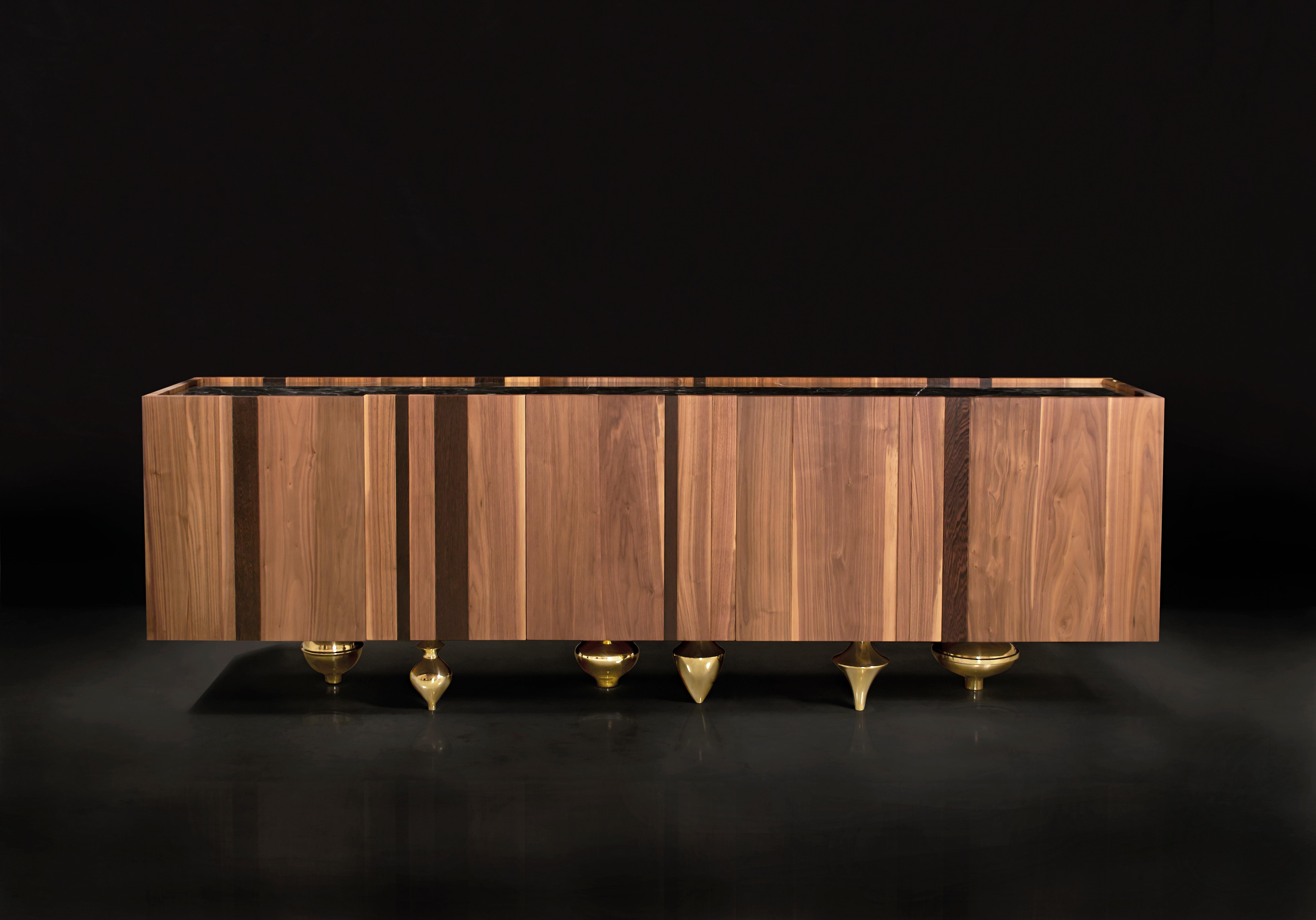 Large Il Pezzo 1 Credenza by Il Pezzo Mancante
Dimensions:  W 255 x D 83 x H 40 cm
Materials: Structure: walnut - ash. Base: gold, satin brass, bronze, nickel. Top: white carrara marble, black marquinia marble. 
Weight: approx 140 Kg

An alternation