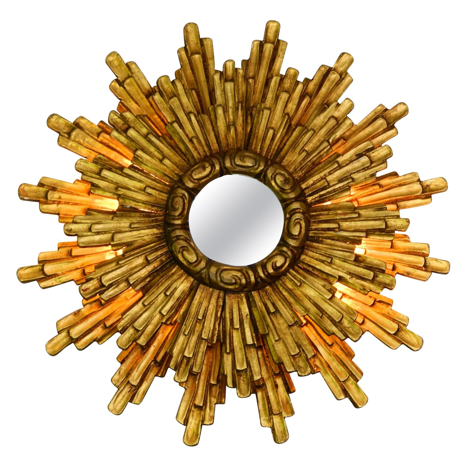 Large Illuminated Midcentury Sunburst Wall Mirror Made of Gold-Plated Wood