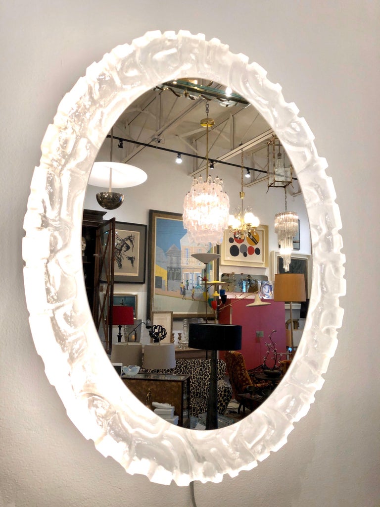 Large Illuminated Oval Wall Mirror in Lucite by Erco For Sale at