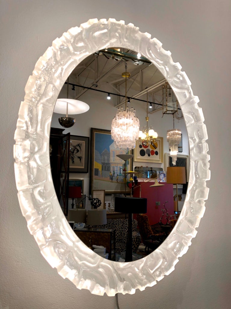 Large Illuminated Oval Wall Mirror in Lucite by Erco For Sale at