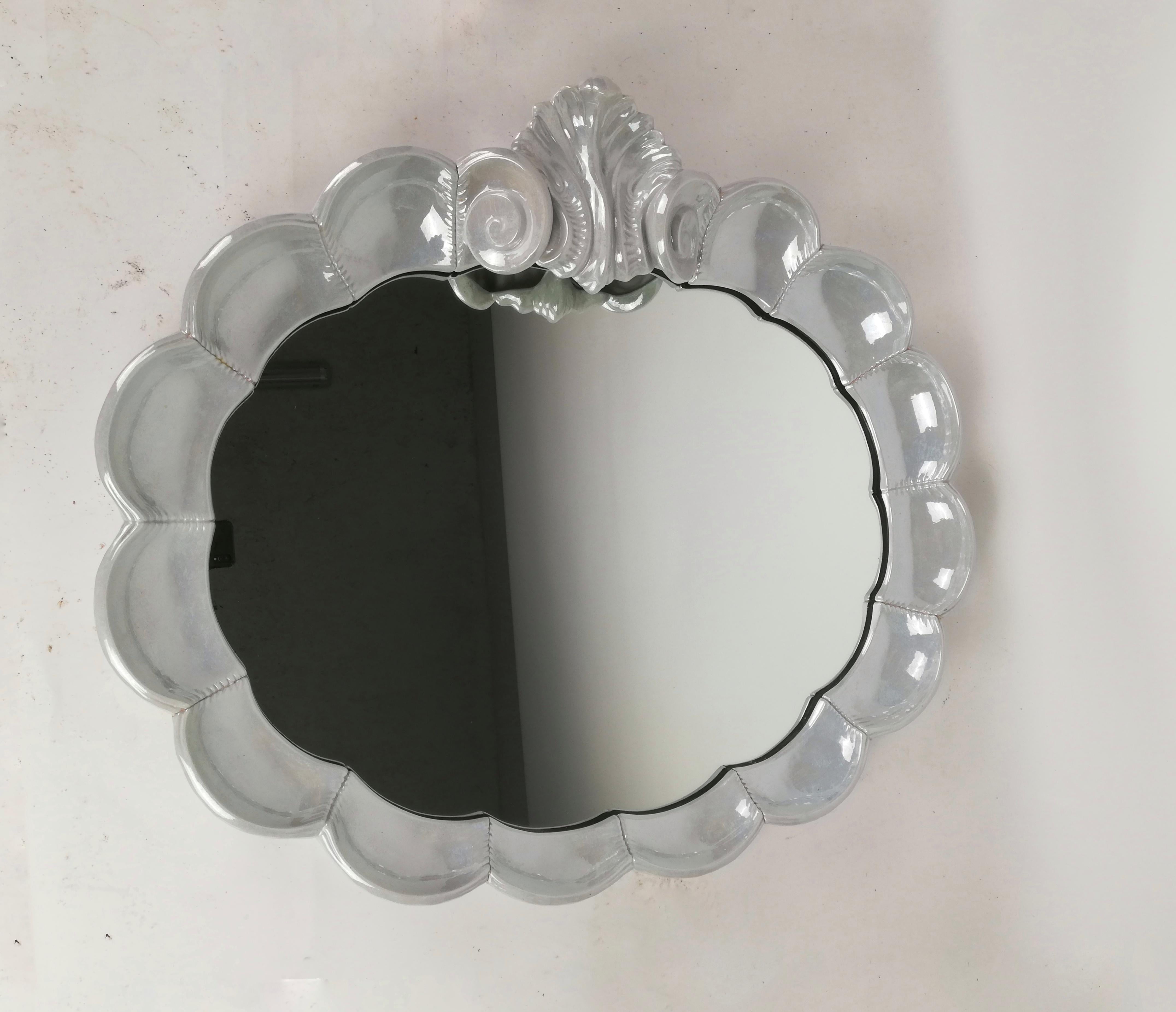 Large Illuminated Rococo Mirror in Iridescent Ceramic, Italy, 1960s For Sale 2