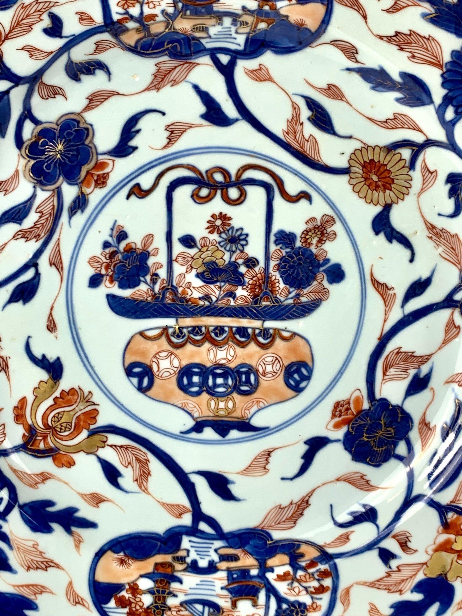 Why we love it: Look at the image!
This beautiful Chinese porcelain charger is hand-painted in the Imari style.
It dates to the Qianlong period of the Qing dynasty, circa 1760.
The charger has a vivid palette of iron-red, peach, underglaze cobalt