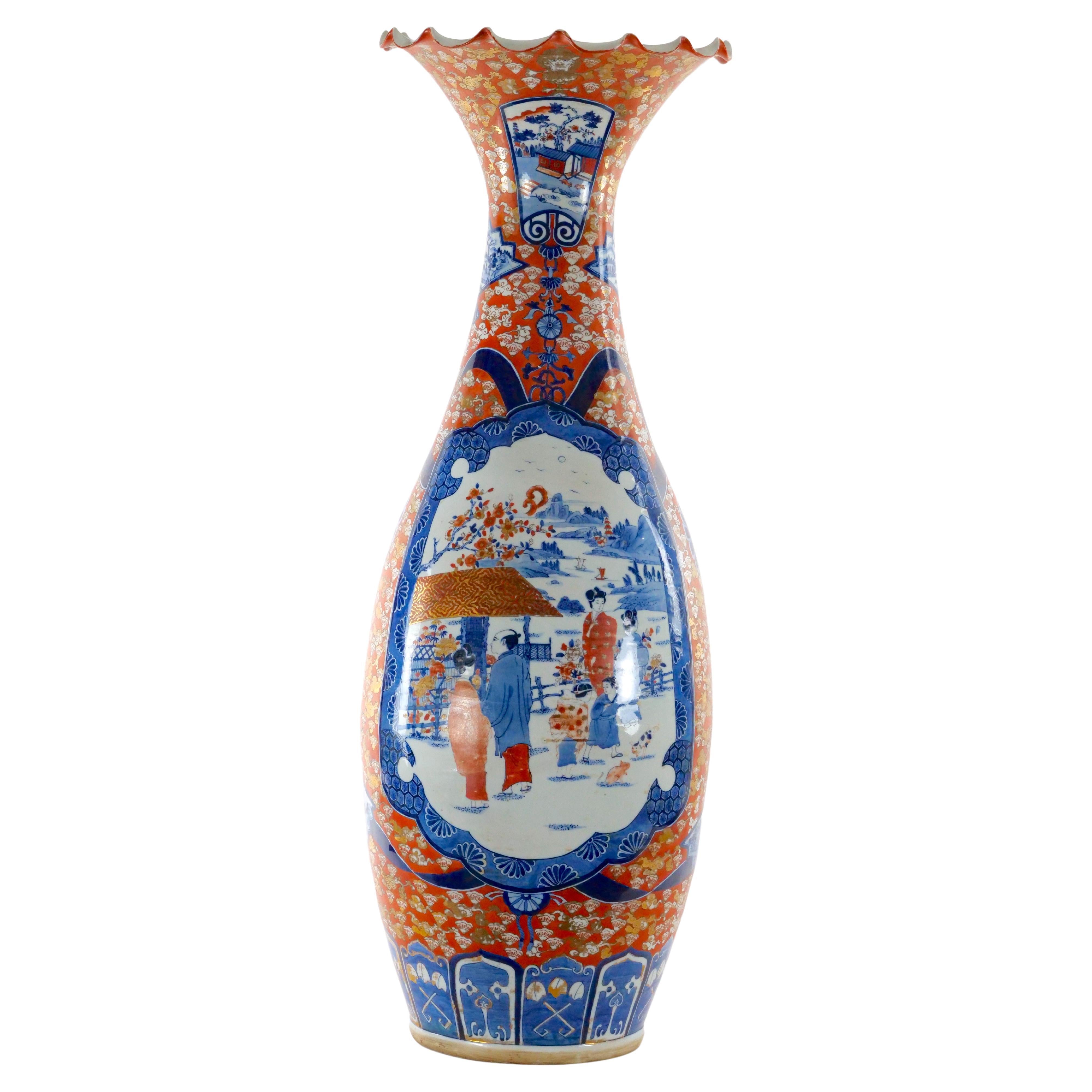 Large Imari Porcelain Flori-form Trumpet Decorative Floor Vase For Sale