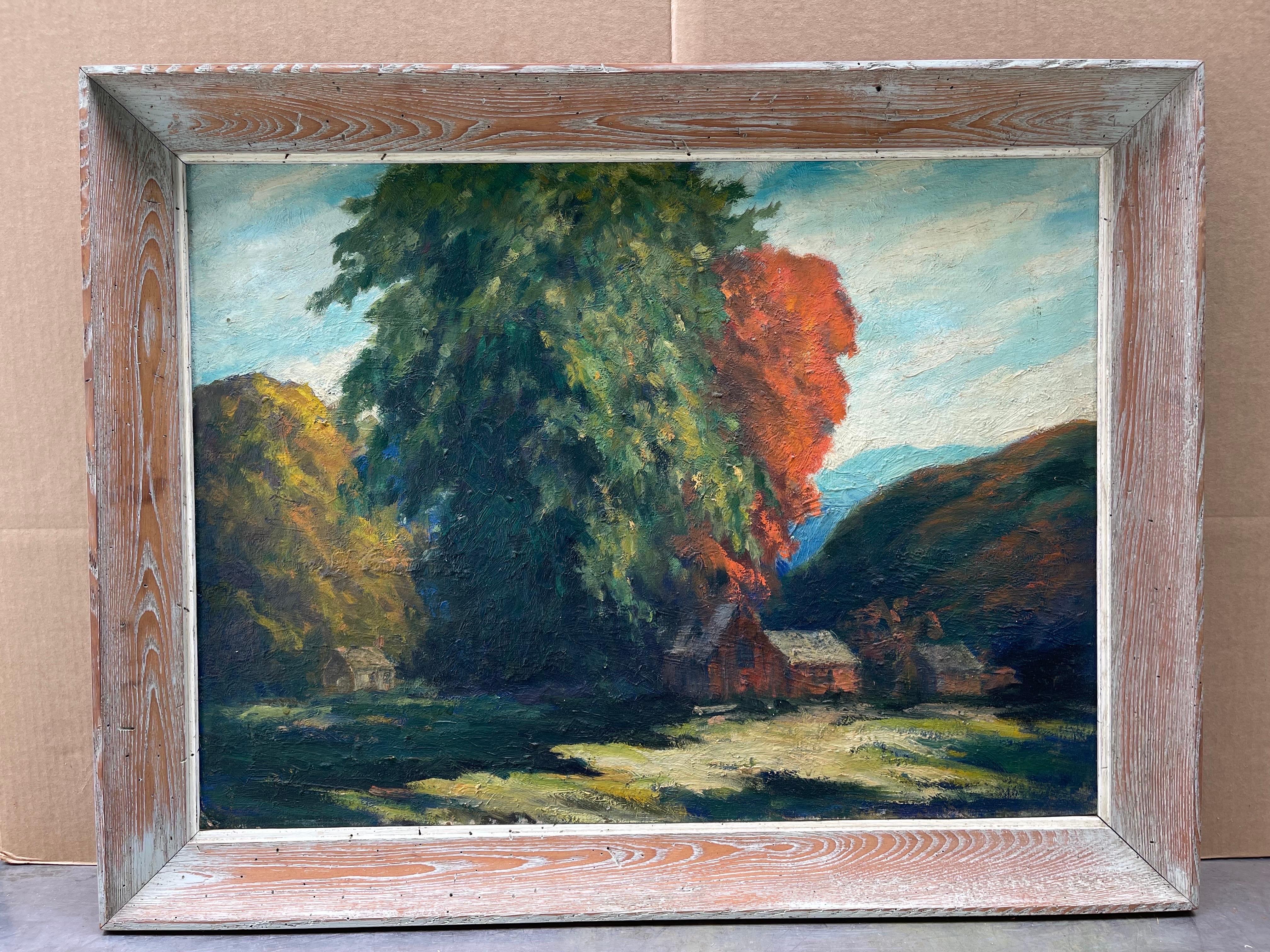 Grande dipinto di paesaggio ad impasto su tavola. Custodito in una cornice di legno bianco lavato.