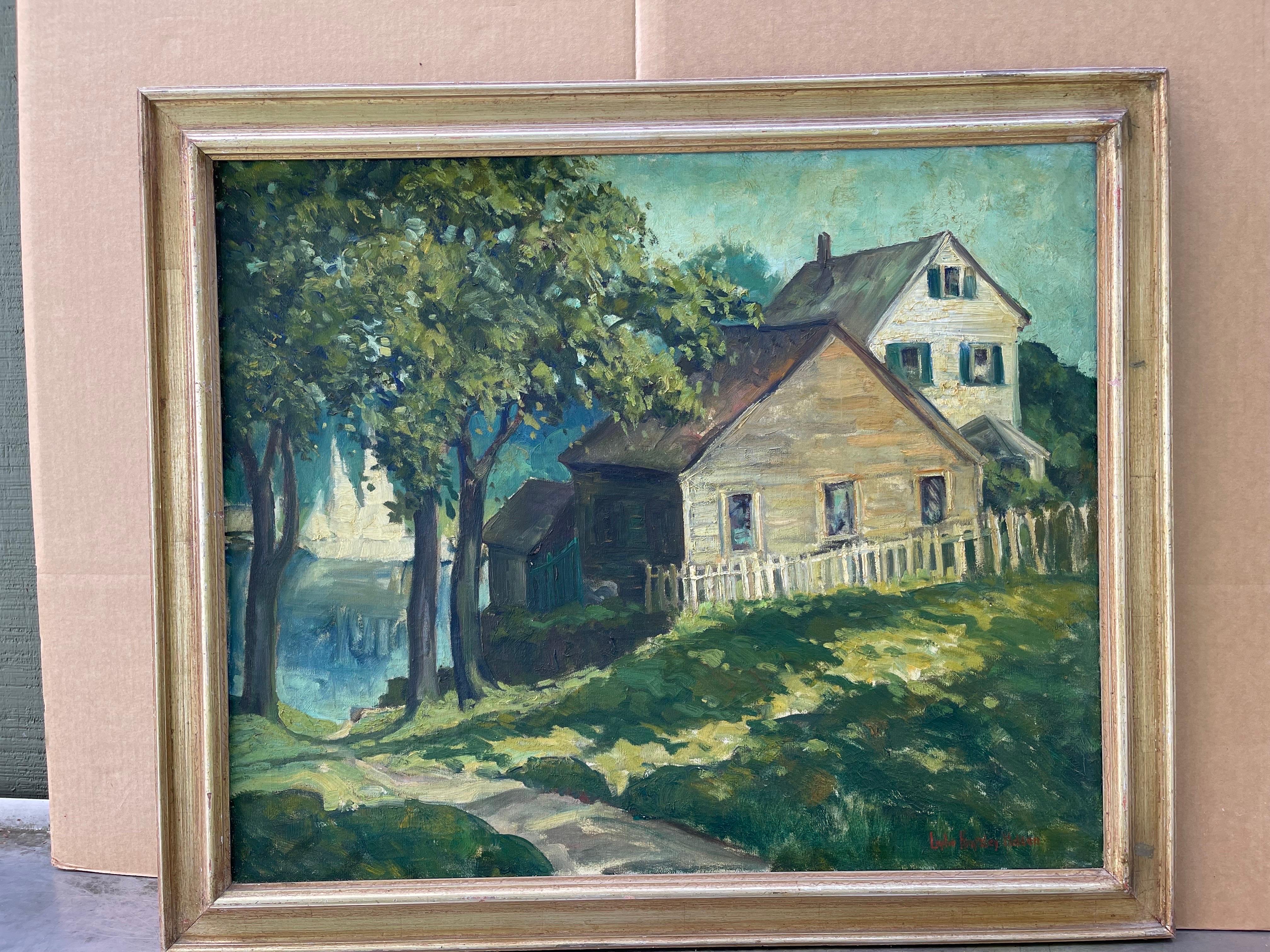 Grande peinture à l'empâtement d'une maison sur l'eau par Lephe Kingsley Holden. Signé en bas à droite.
Lephe Kingsley Holden (1881 - 1973) a été actif/vivant à Connecticut, New York.  Lephe Holden était peintre et professeur d'art. Elle est née à