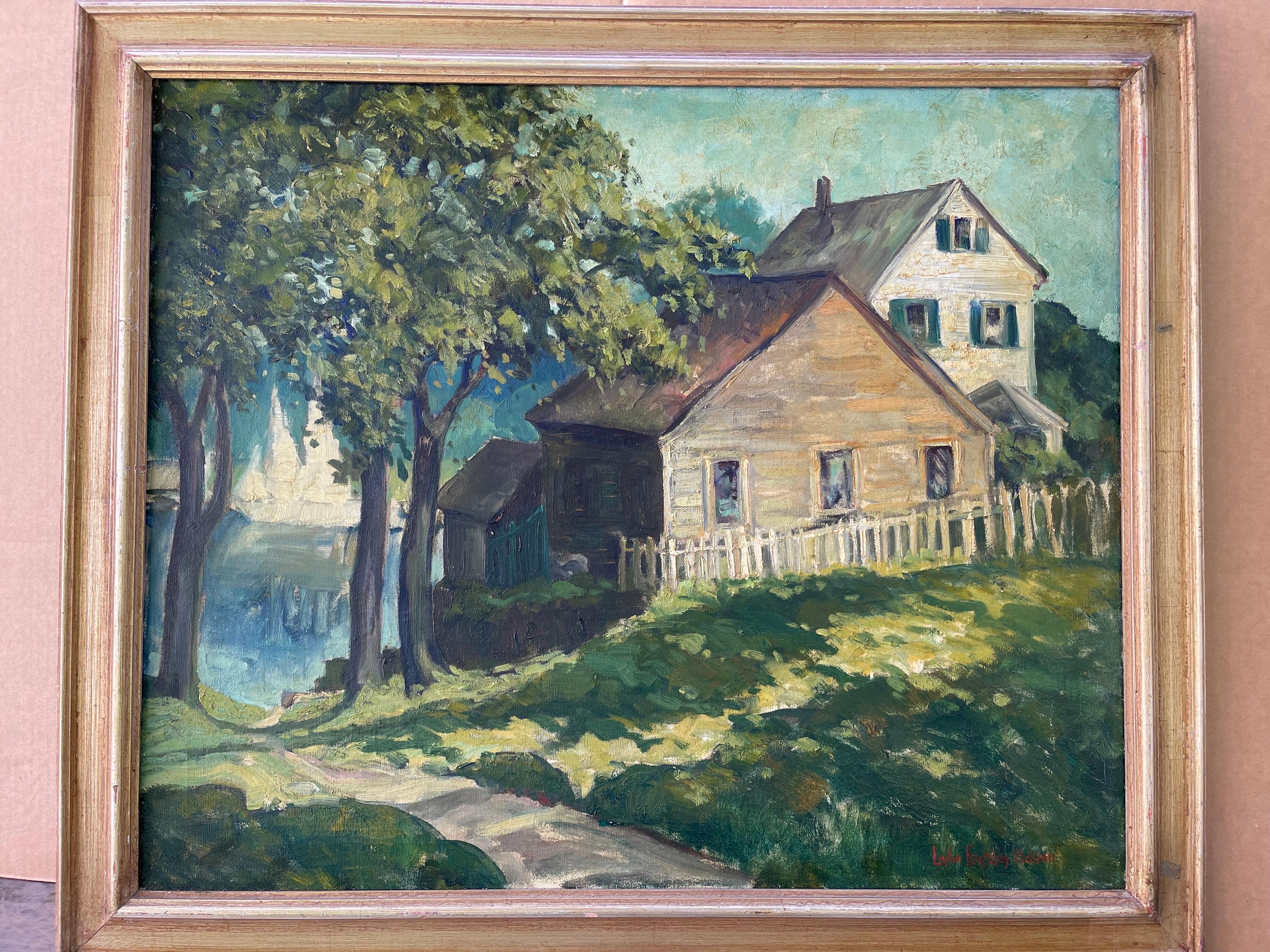 Large Impasto Painting of House on the Water by Lephe Kingsley Holden Bon état - En vente à Redding, CT