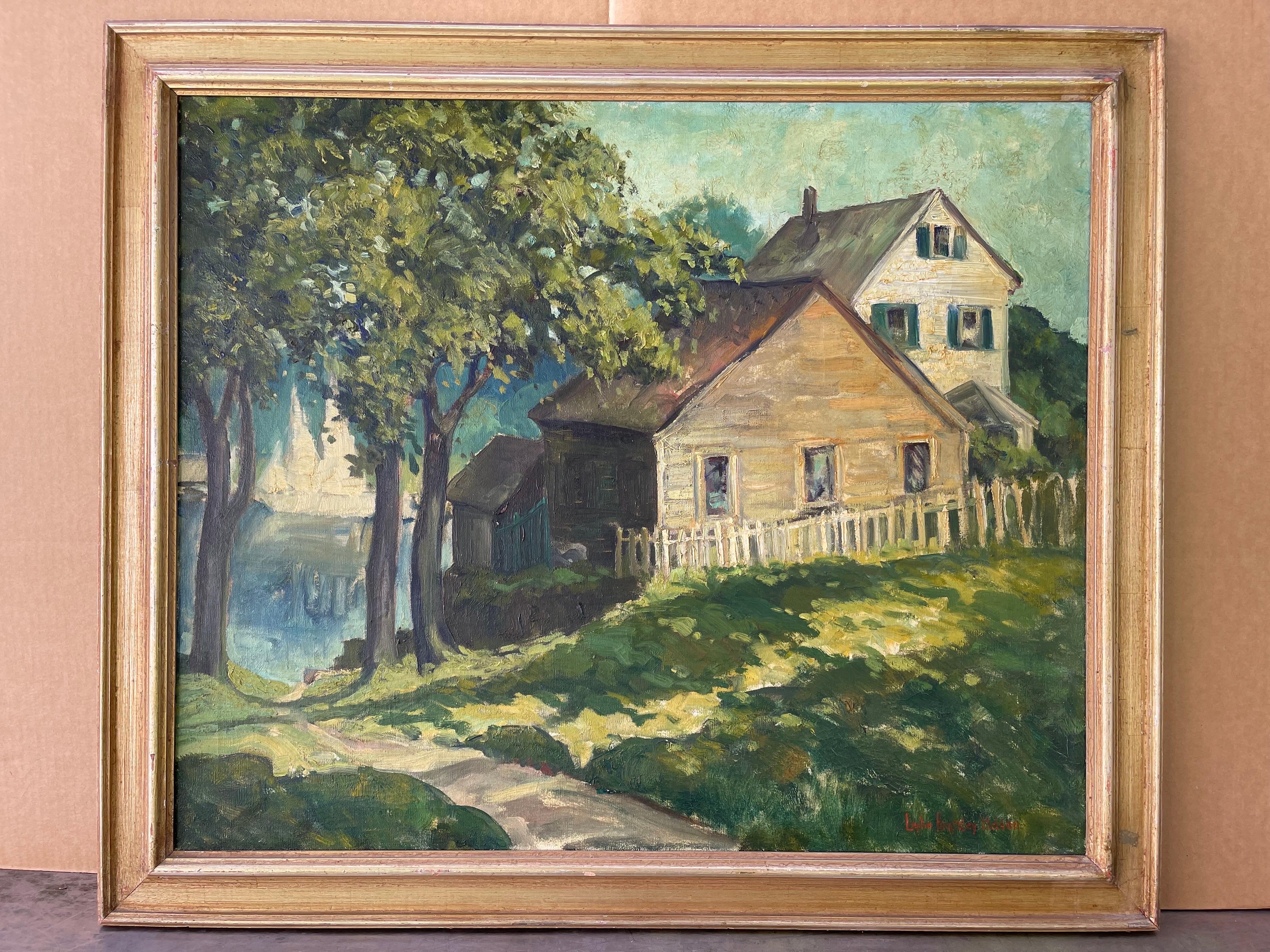 Milieu du XXe siècle Large Impasto Painting of House on the Water by Lephe Kingsley Holden en vente