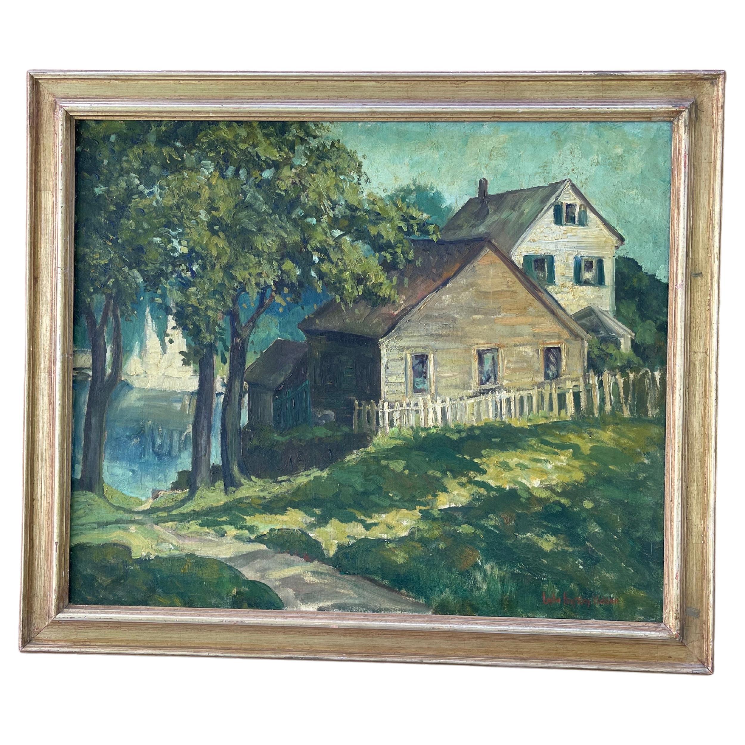 Large Impasto Painting of House on the Water by Lephe Kingsley Holden en vente