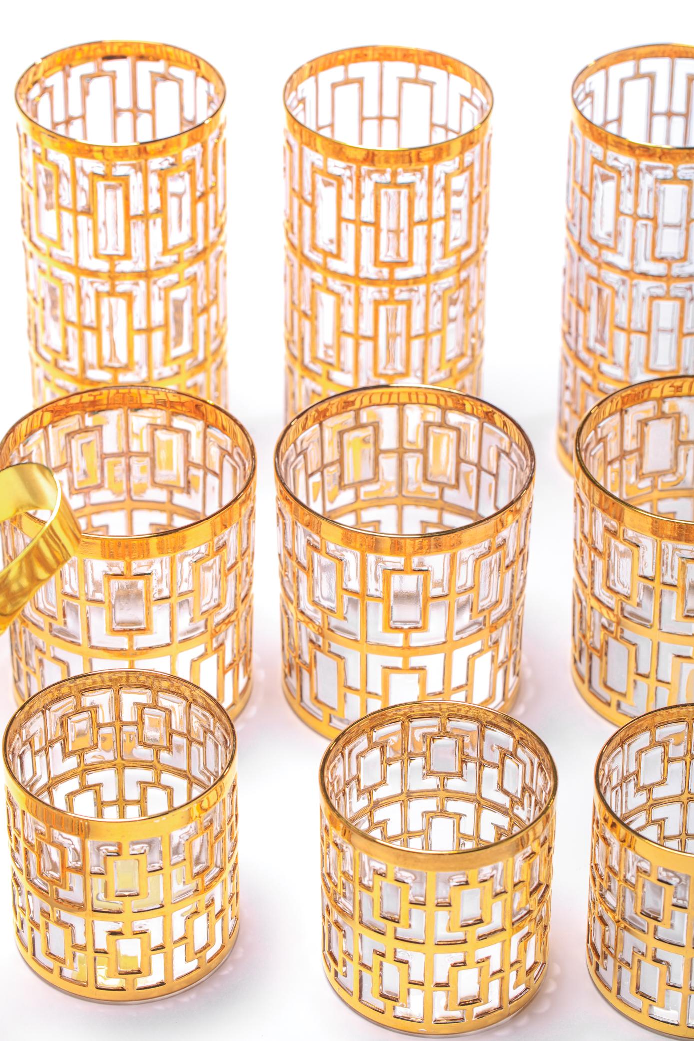 Grande set di bicchieri da bar Imperial Glass Shoji dipinti a mano in oro 22k, circa 1965 in vendita 5