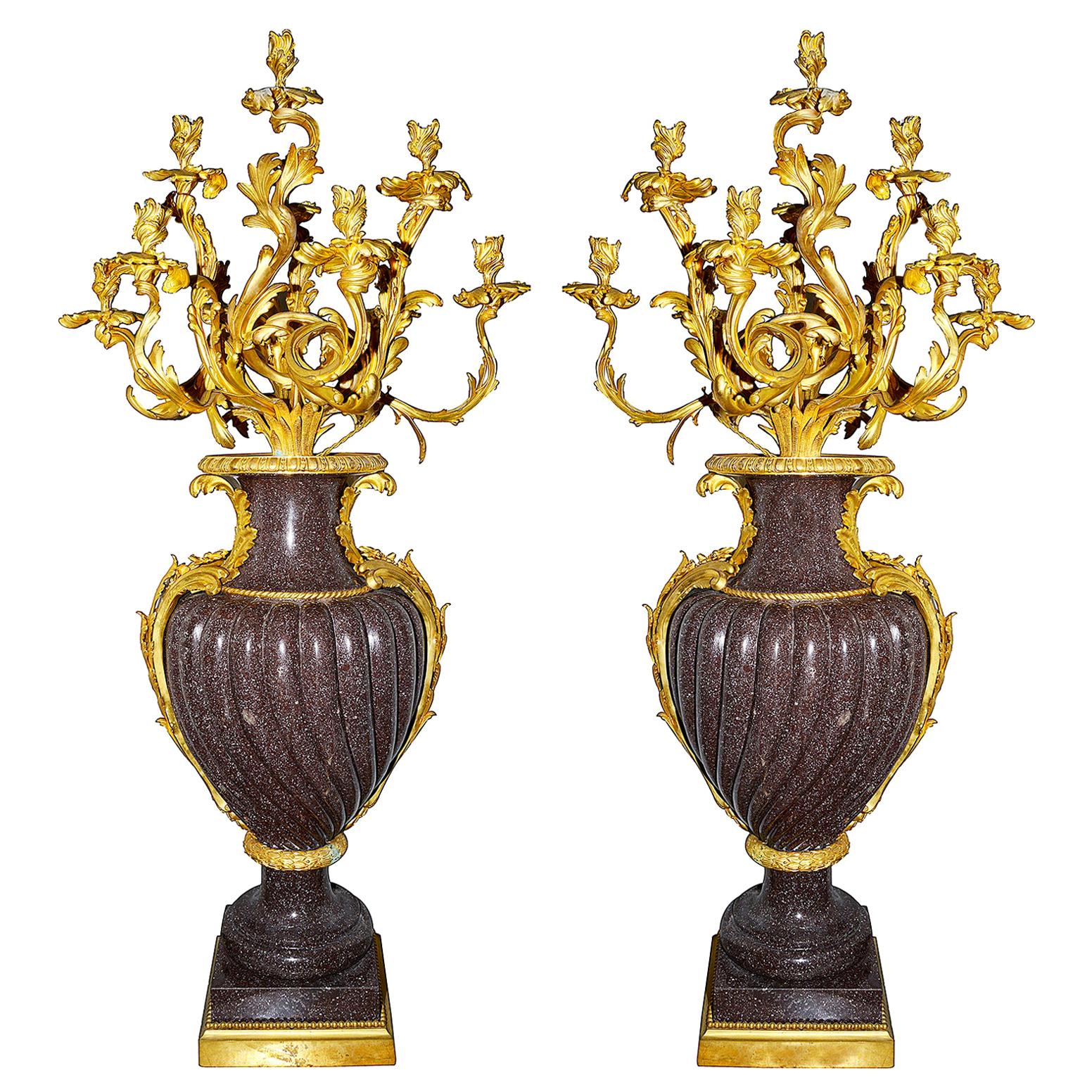 Large Important Pair of 19th Century Porphyry and Ormolu Candelabra