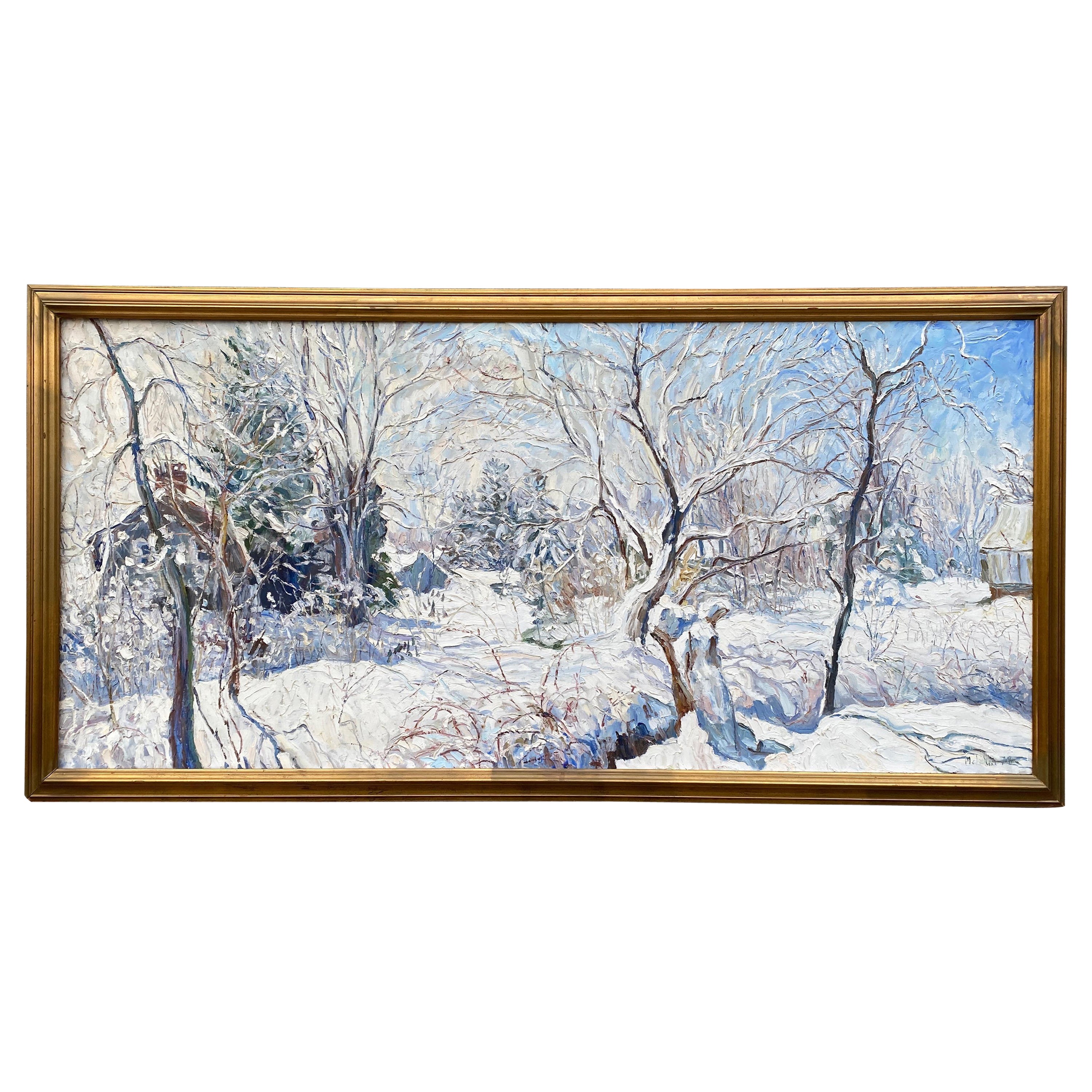 Großes impressionistisches Gemälde einer Winterszene im Nordosten der USA, Hopewell NJ
