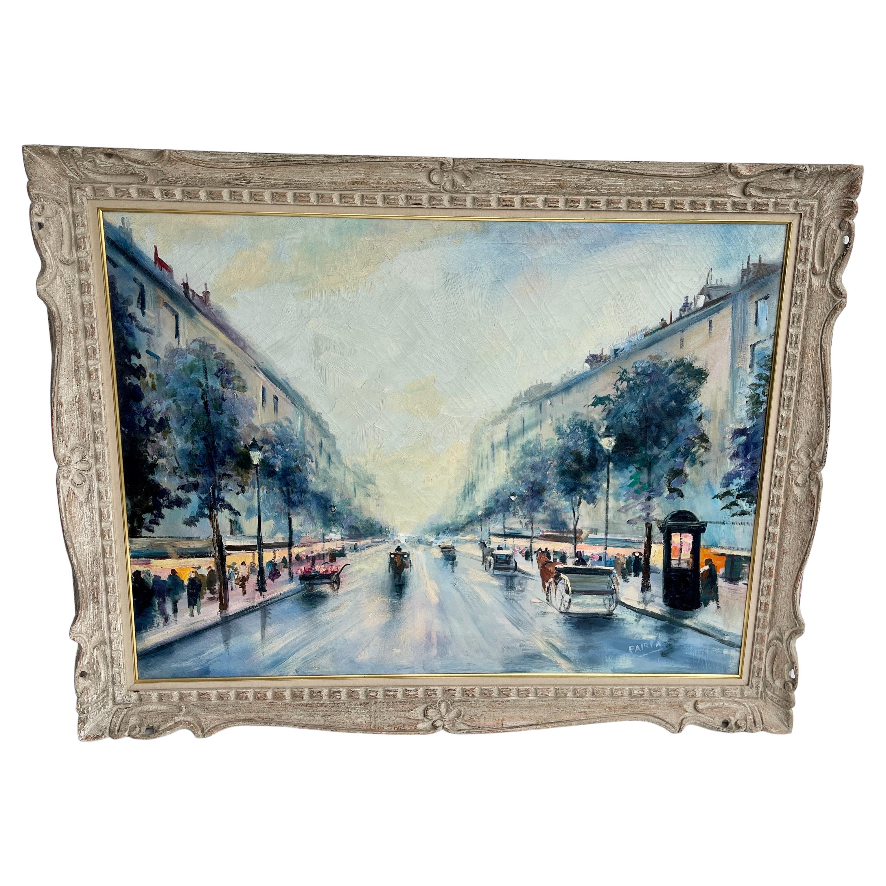 French Oil On Canvas Painting of Paris Impressionist Street Scene by Artist Fairfax.

A large original oil painting on canvas artwork depicting a charming Parisian street scene in the late 19th century, with horse-drawn carriages and people walking