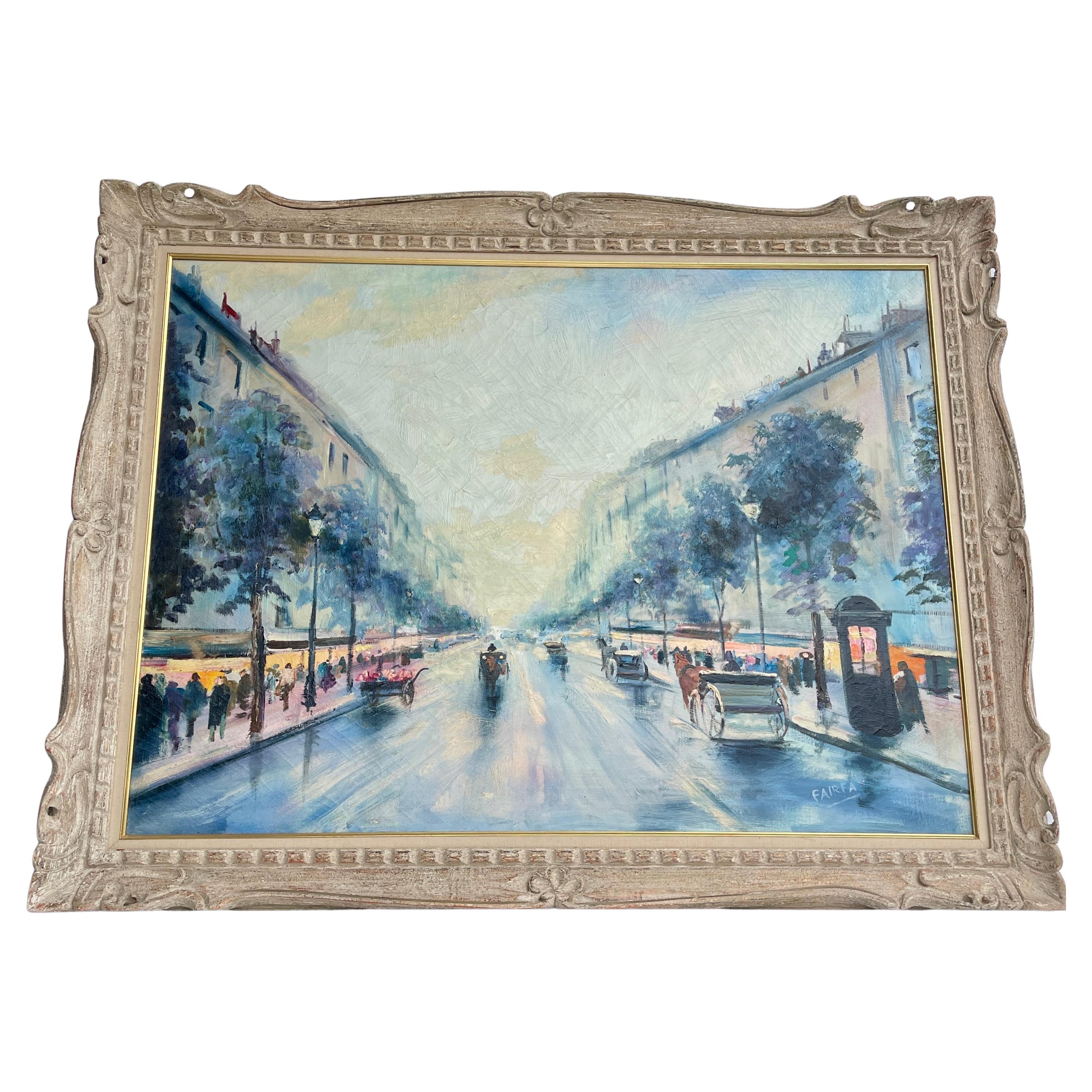 Mid-Century Modern Grande huile sur toile impressionniste d'une scène de rue parisienne signée Fairfax, France en vente