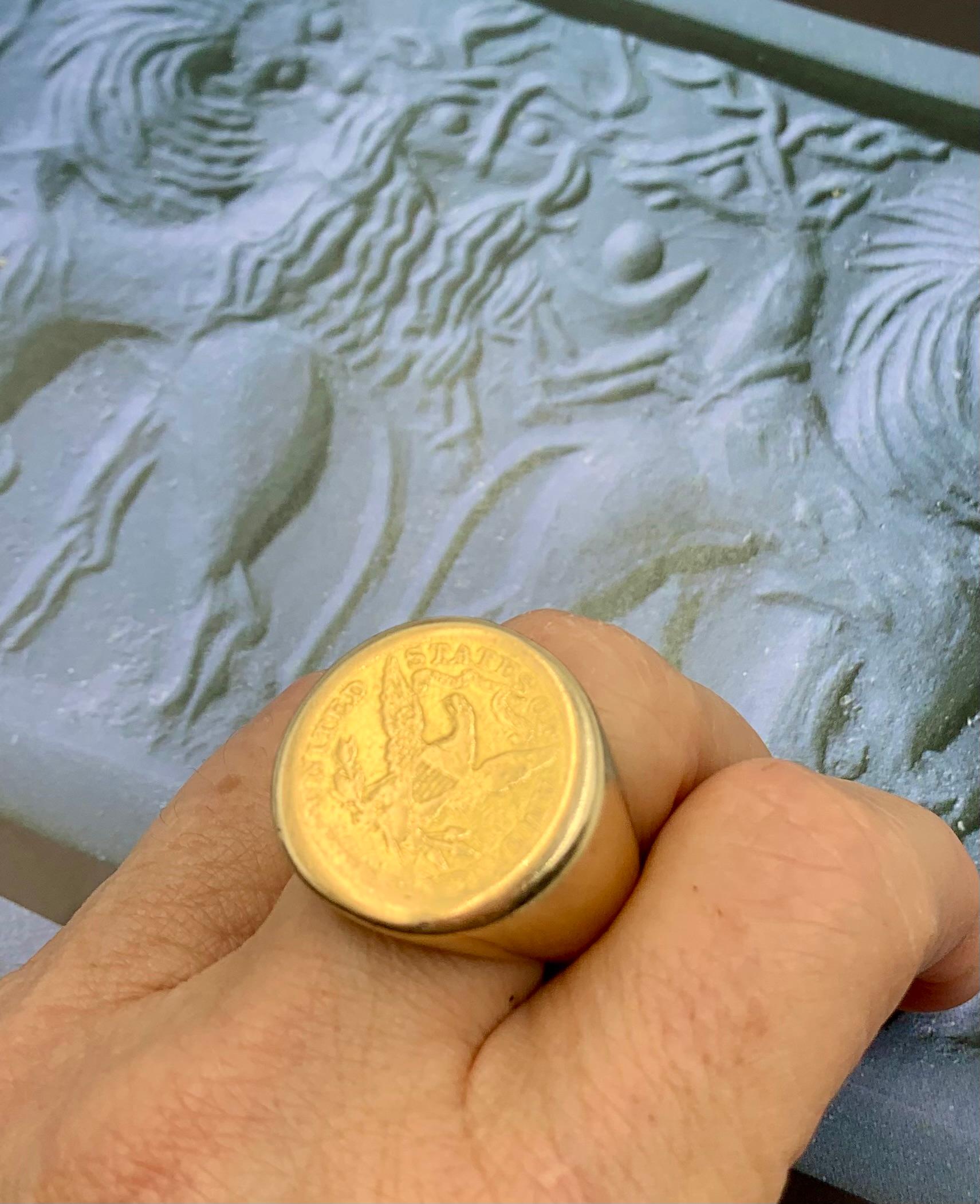 Impressive and substantial estate 1897 Liberty Head Half Eagle 22K antique gold coin 14K yellow gold signet ring
1897 $5 Gold Coin, early 20th century ring setting
Weight: 23.4g
Christian Gobrecht designed 
This classic Liberty Head Half Eagle coin