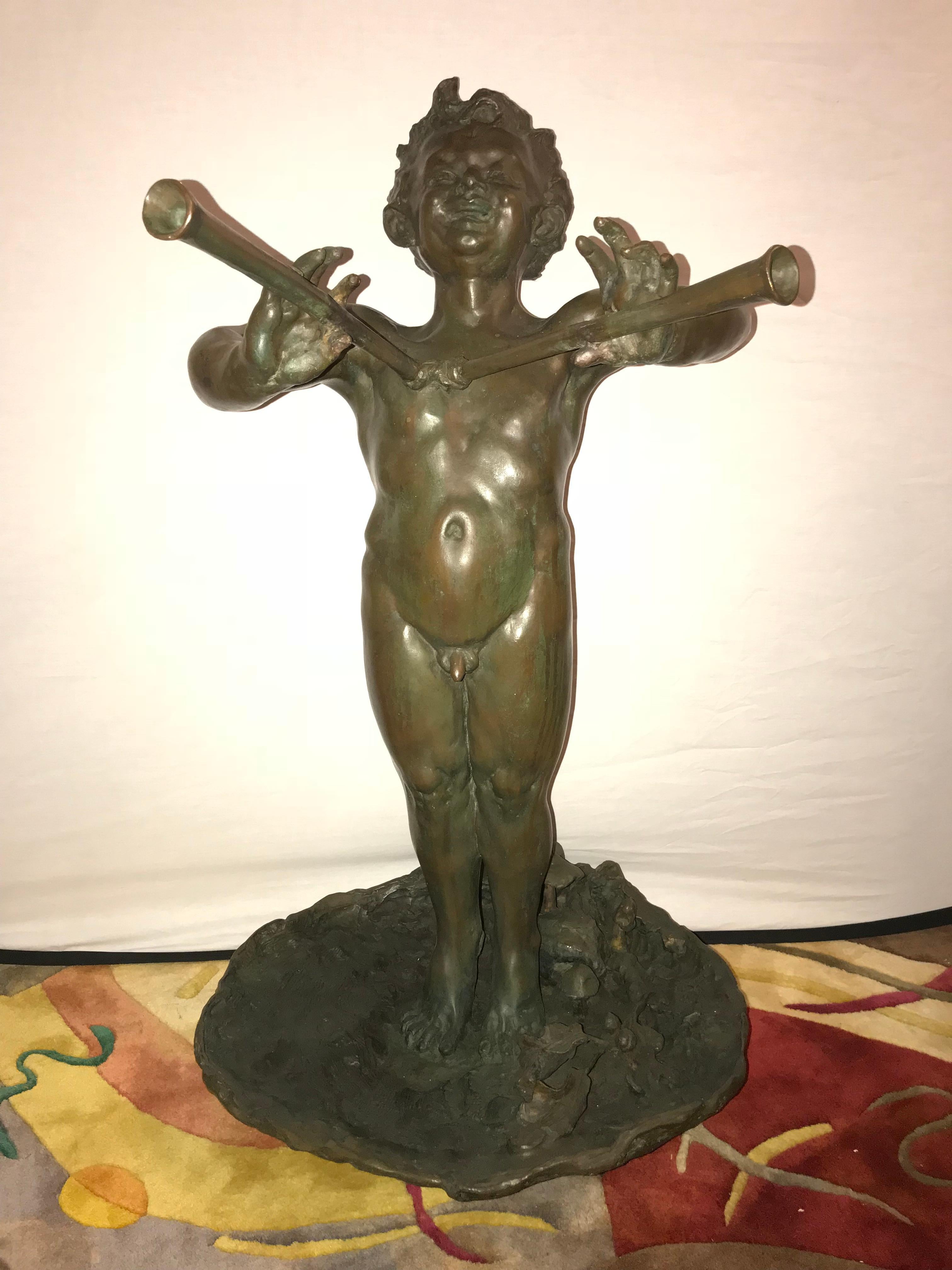 Belle Époque Large Impressive 19th Century Signed Bronze Flute Playing Pan Sculpture