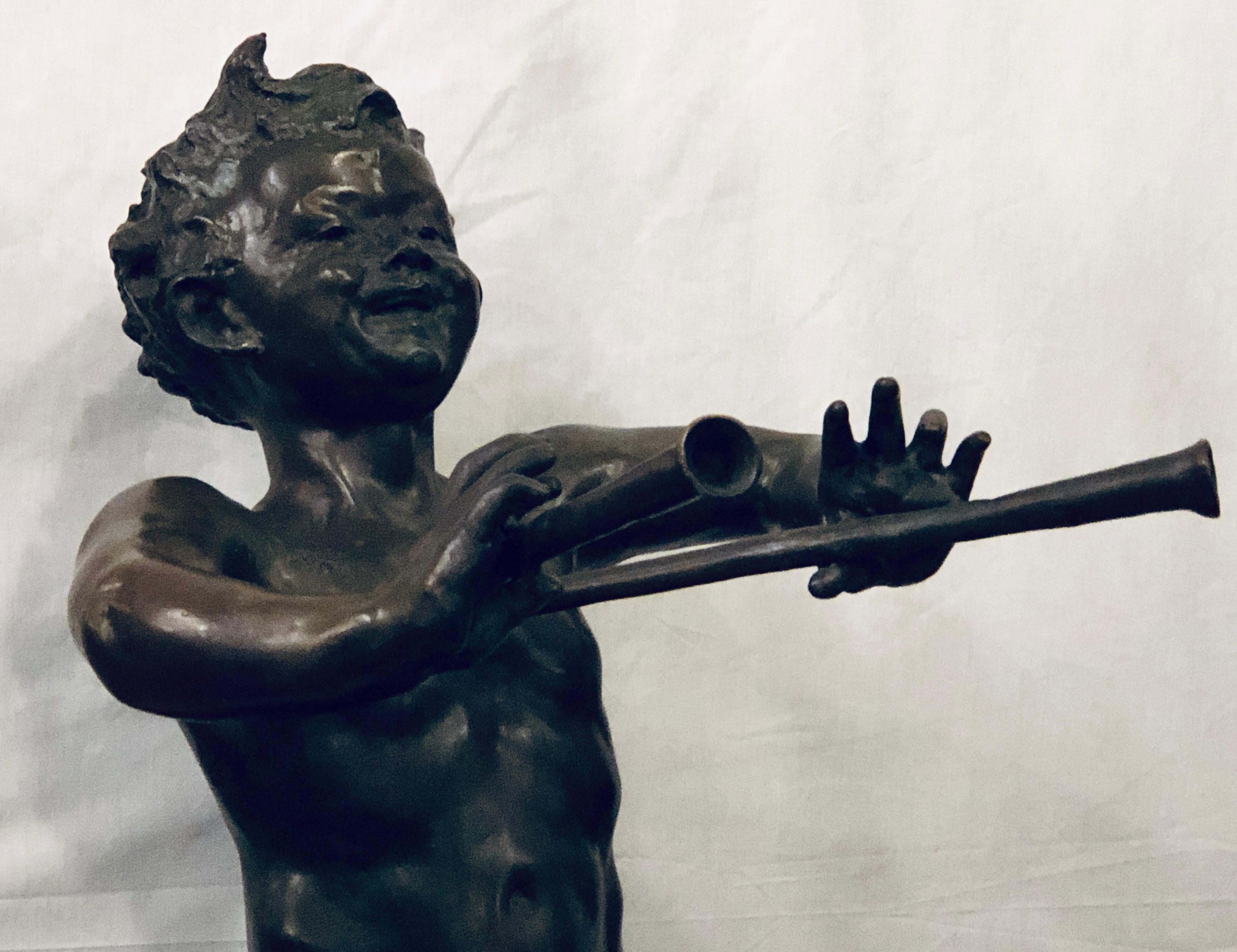 French Large Impressive 19th Century Signed Bronze Flute Playing Pan Sculpture