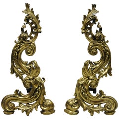 Large Impressive Antique French Rococo Baroque Style Acanthus Scroll Andirons