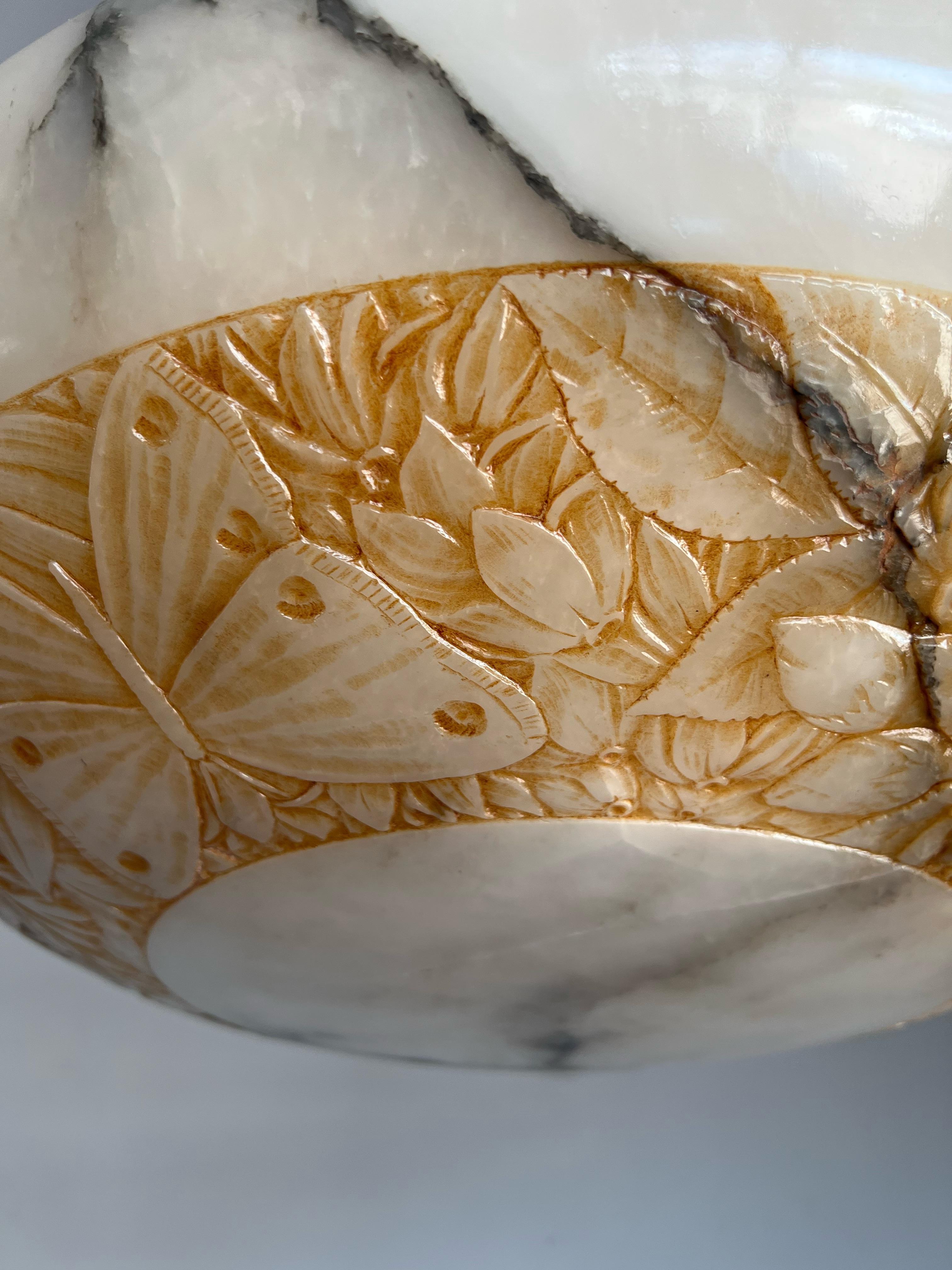 Large & Coolest Art Deco Alabaster Pendant / Chandelier w. Butterfly Carvings 11