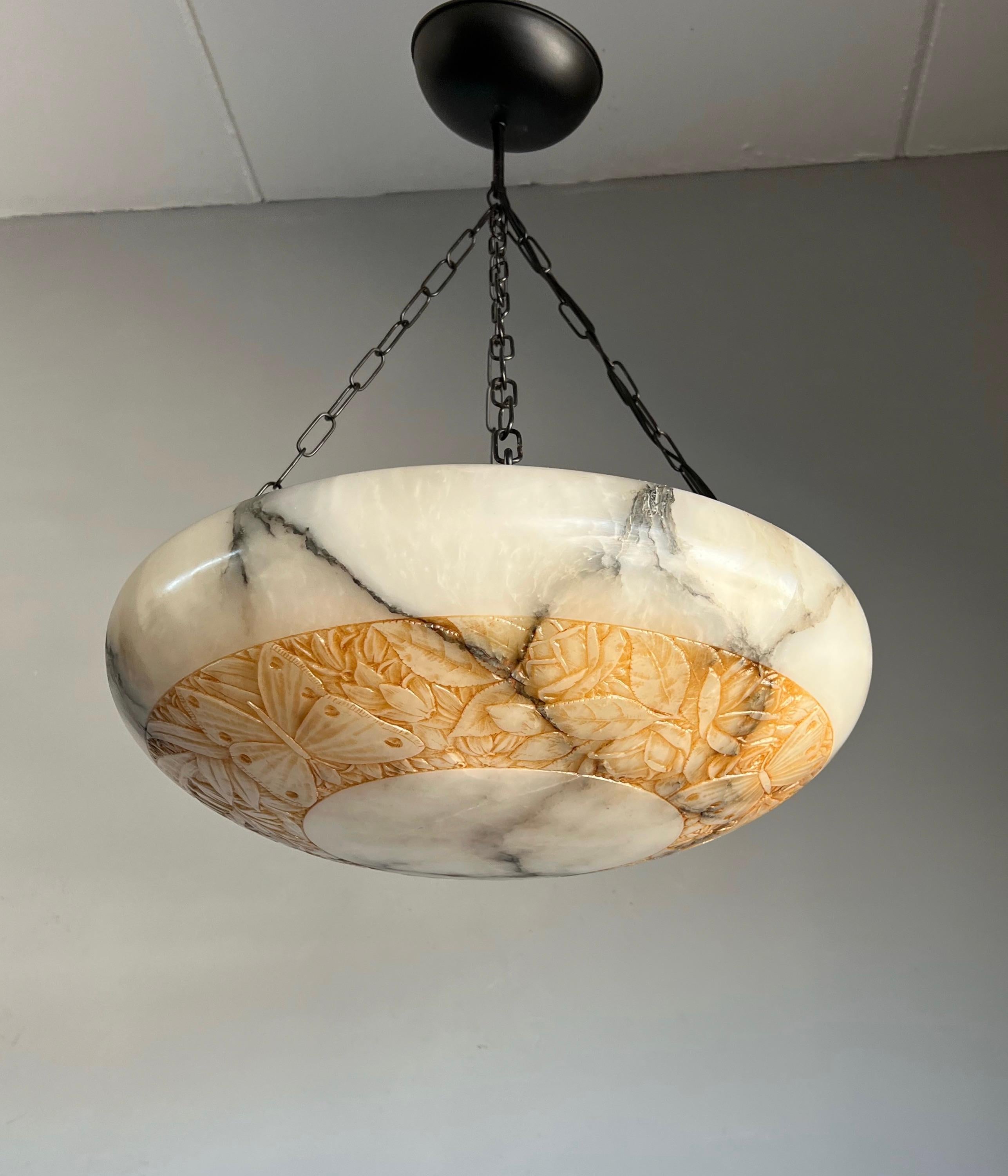 20th Century Large & Coolest Art Deco Alabaster Pendant / Chandelier w. Butterfly Carvings