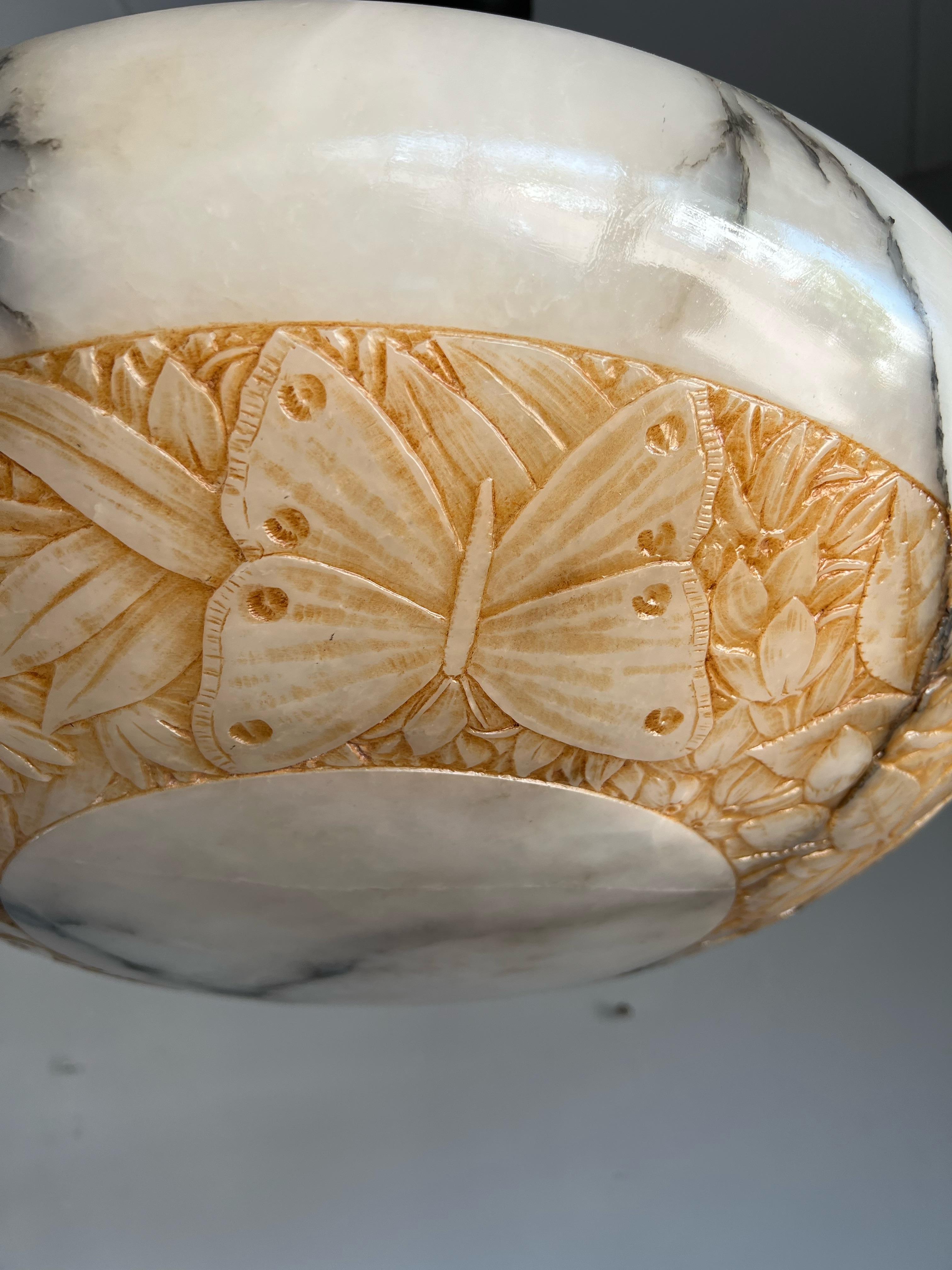 Large & Coolest Art Deco Alabaster Pendant / Chandelier w. Butterfly Carvings 1