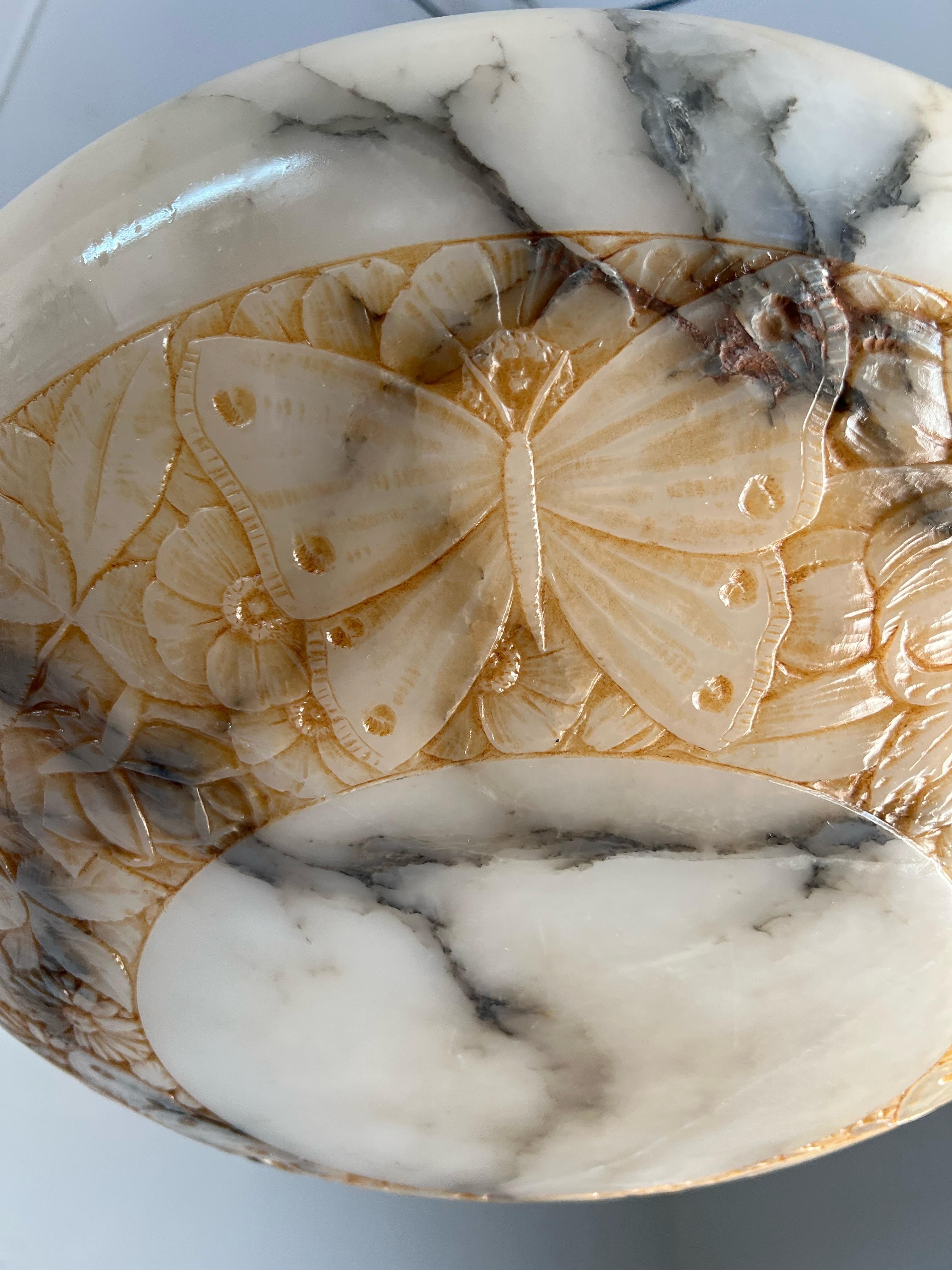 Large & Coolest Art Deco Alabaster Pendant / Chandelier w. Butterfly Carvings 3