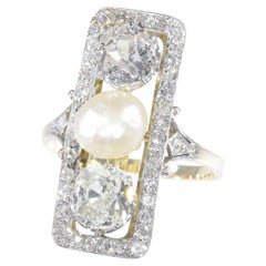 Large Impressive Belle Epoque Art Deco Diamond and Pearl Engagement Ring, 1920s