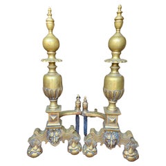 Large Impressive Brass Andirons/Firedogs/Chenets w/Lion Heads Ball & Claw Feet