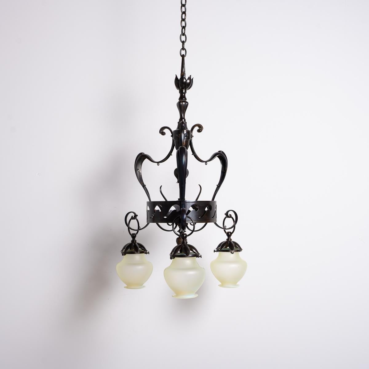 Large & Impressive British Arts & Crafts Chandelier With Original Vaseline Glass For Sale 7