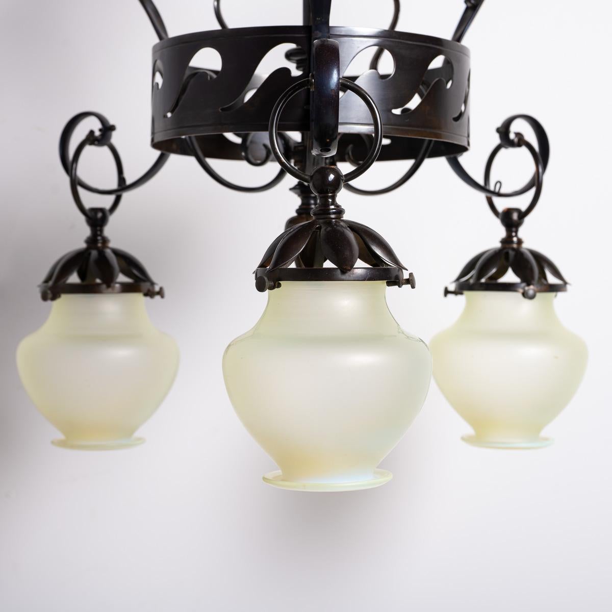 Large & Impressive British Arts & Crafts Chandelier With Original Vaseline Glass For Sale 8