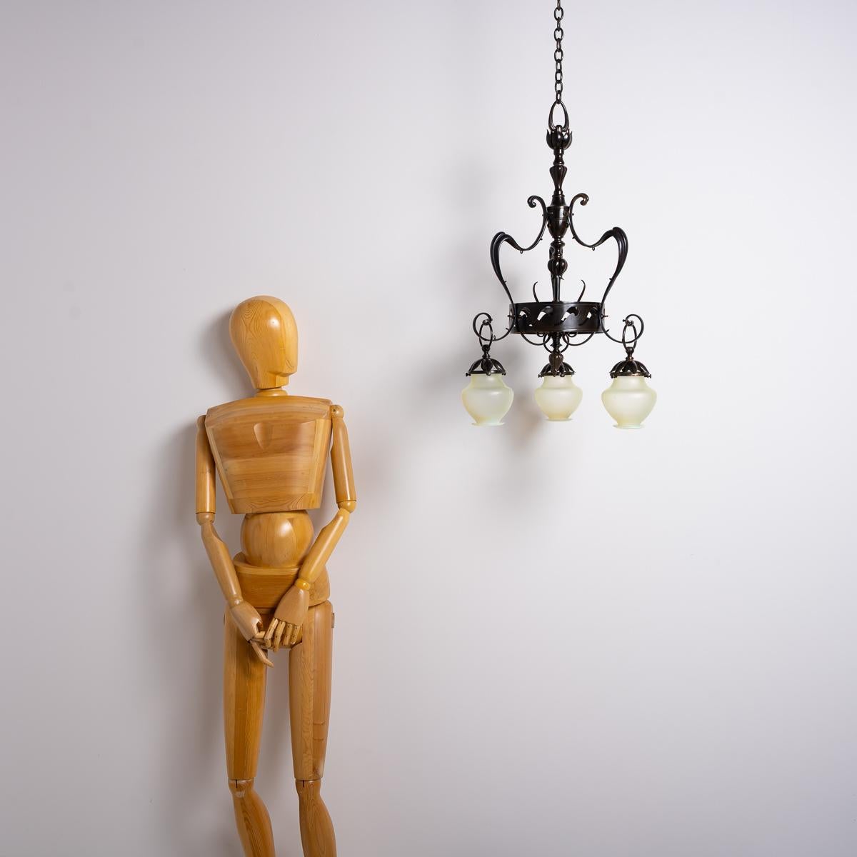 Large & Impressive British Arts & Crafts Chandelier With Original Vaseline Glass For Sale 11