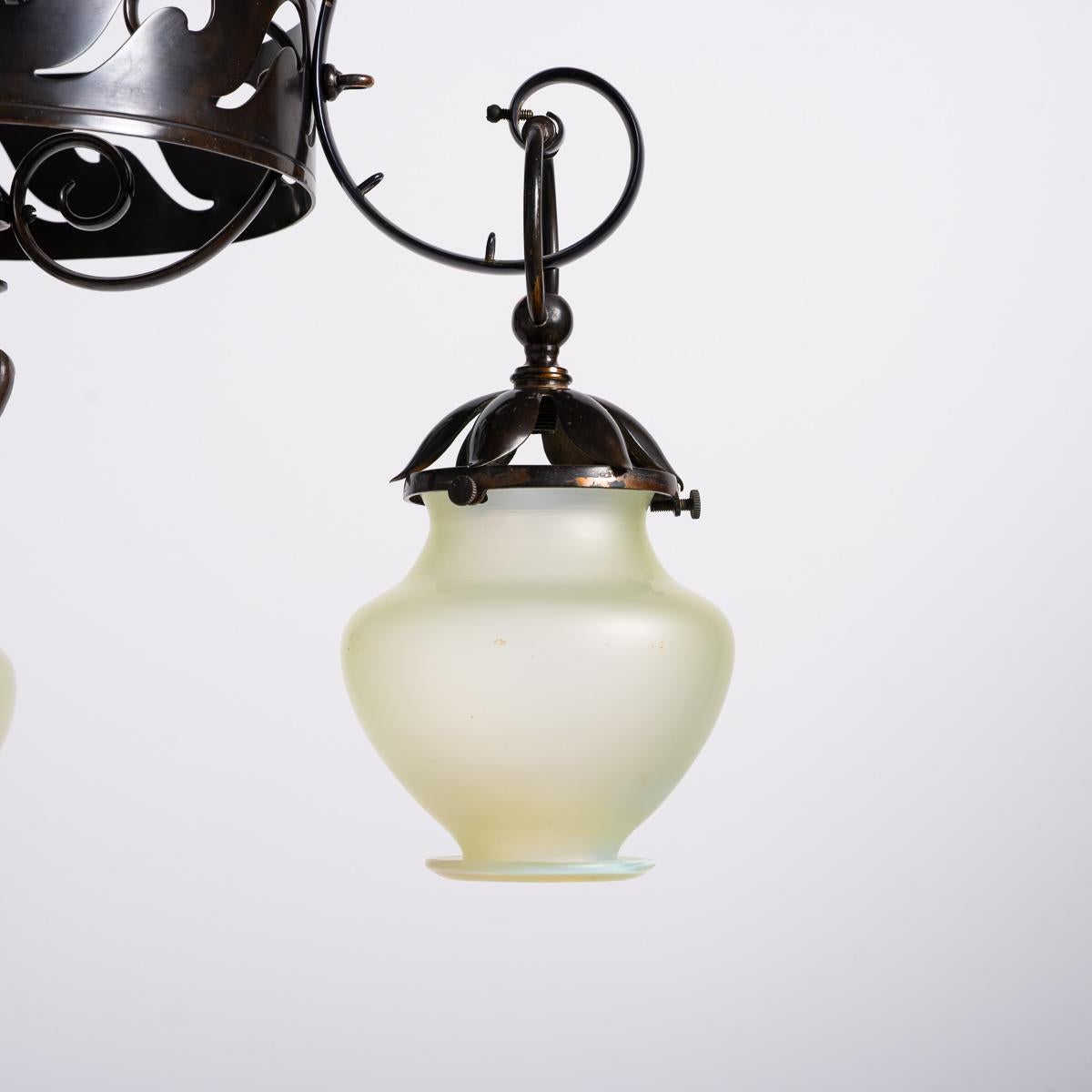 Large & Impressive British Arts & Crafts Chandelier With Original Vaseline Glass For Sale 12