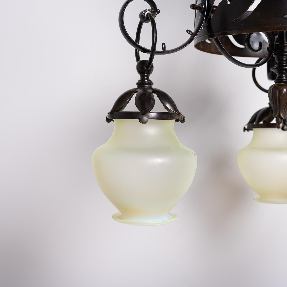 20th Century Large & Impressive British Arts & Crafts Chandelier With Original Vaseline Glass For Sale