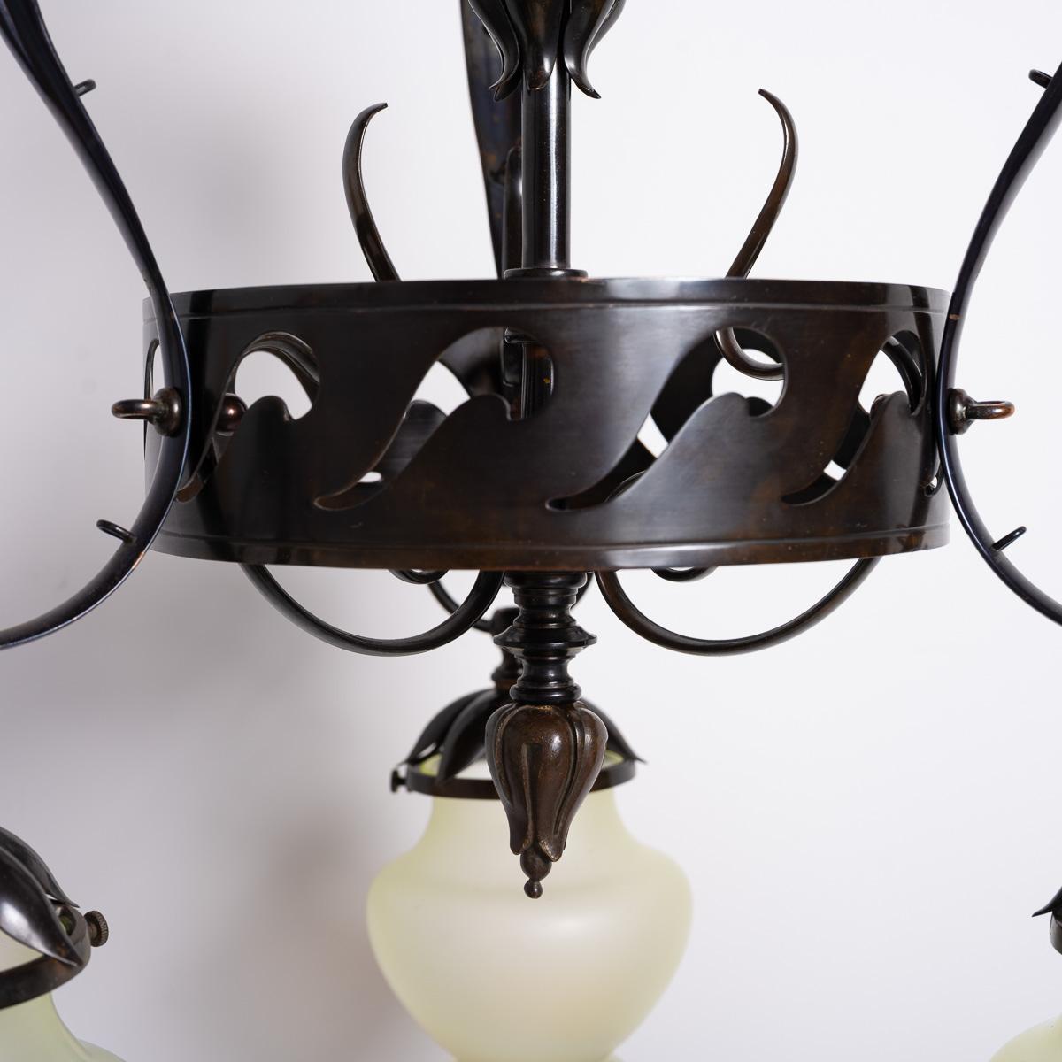Brass Large & Impressive British Arts & Crafts Chandelier With Original Vaseline Glass For Sale