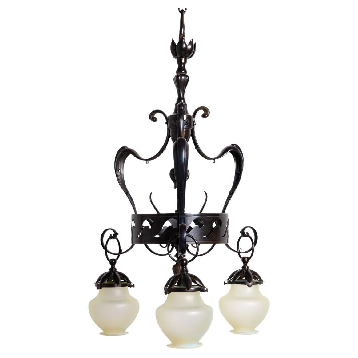 Large & Impressive British Arts & Crafts Chandelier With Original Vaseline Glass For Sale