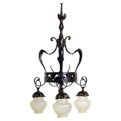 Large & Impressive British Arts & Crafts Chandelier With Original Vaseline Glass
