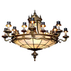 Large Impressive Bronze and Leaded Glass Feature Chandelier